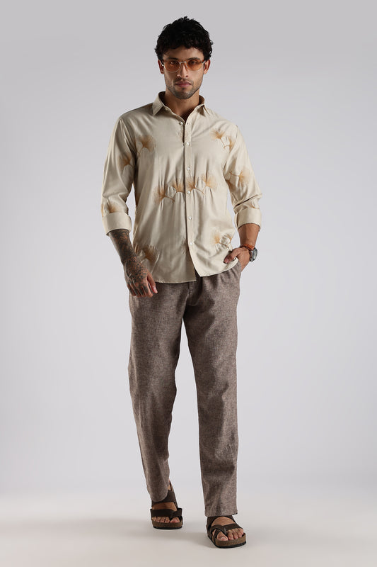 Regular Fit Floral Embroidary Designer Beige Shirt