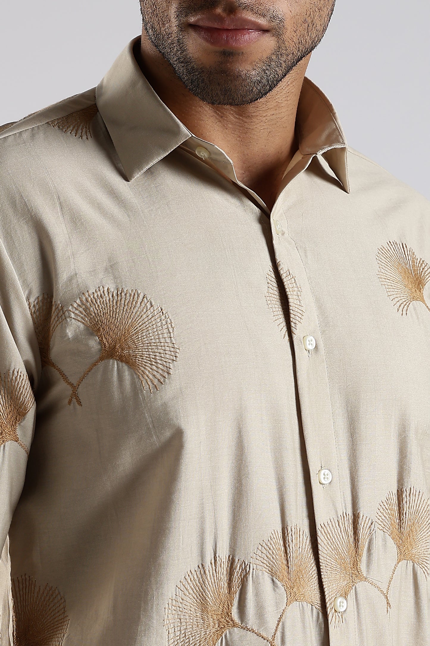 Regular Fit Floral Embroidary Designer Beige Shirt