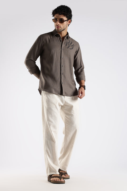 Regular Fit Embroidery Linen Blend Designer Dark Taupe Shirt