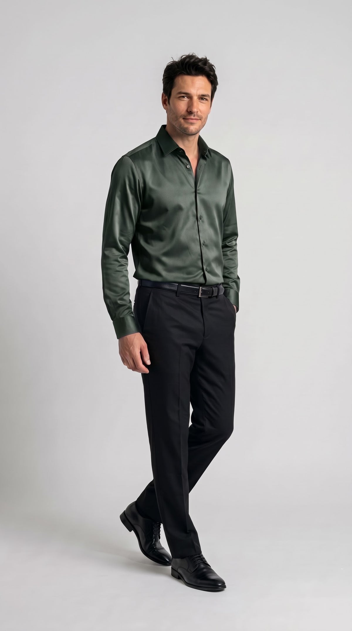 Dark Olive Satin Regular Fit Shirt