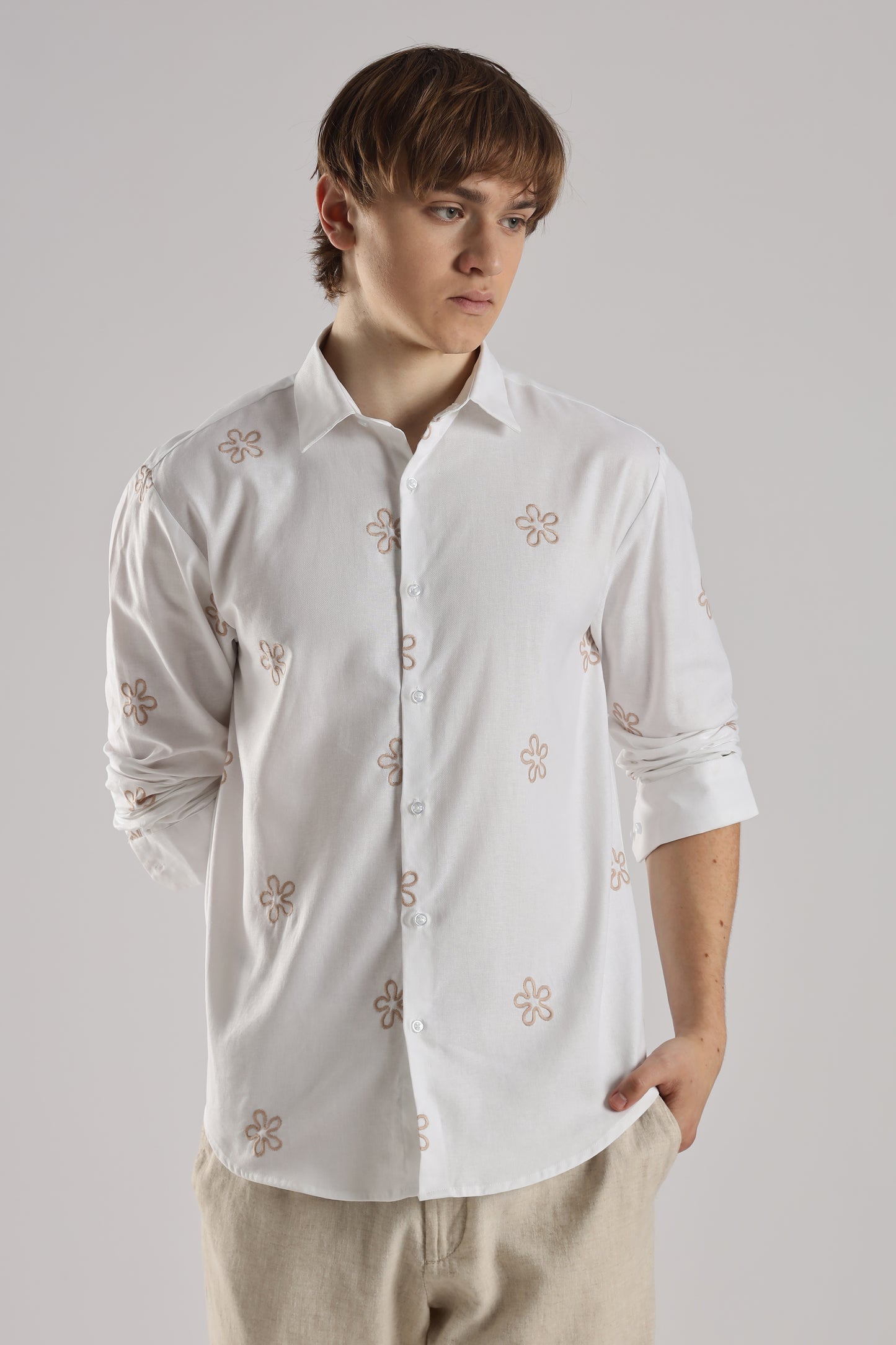 White Embroidered Floral Designer Shirt Regular Fit