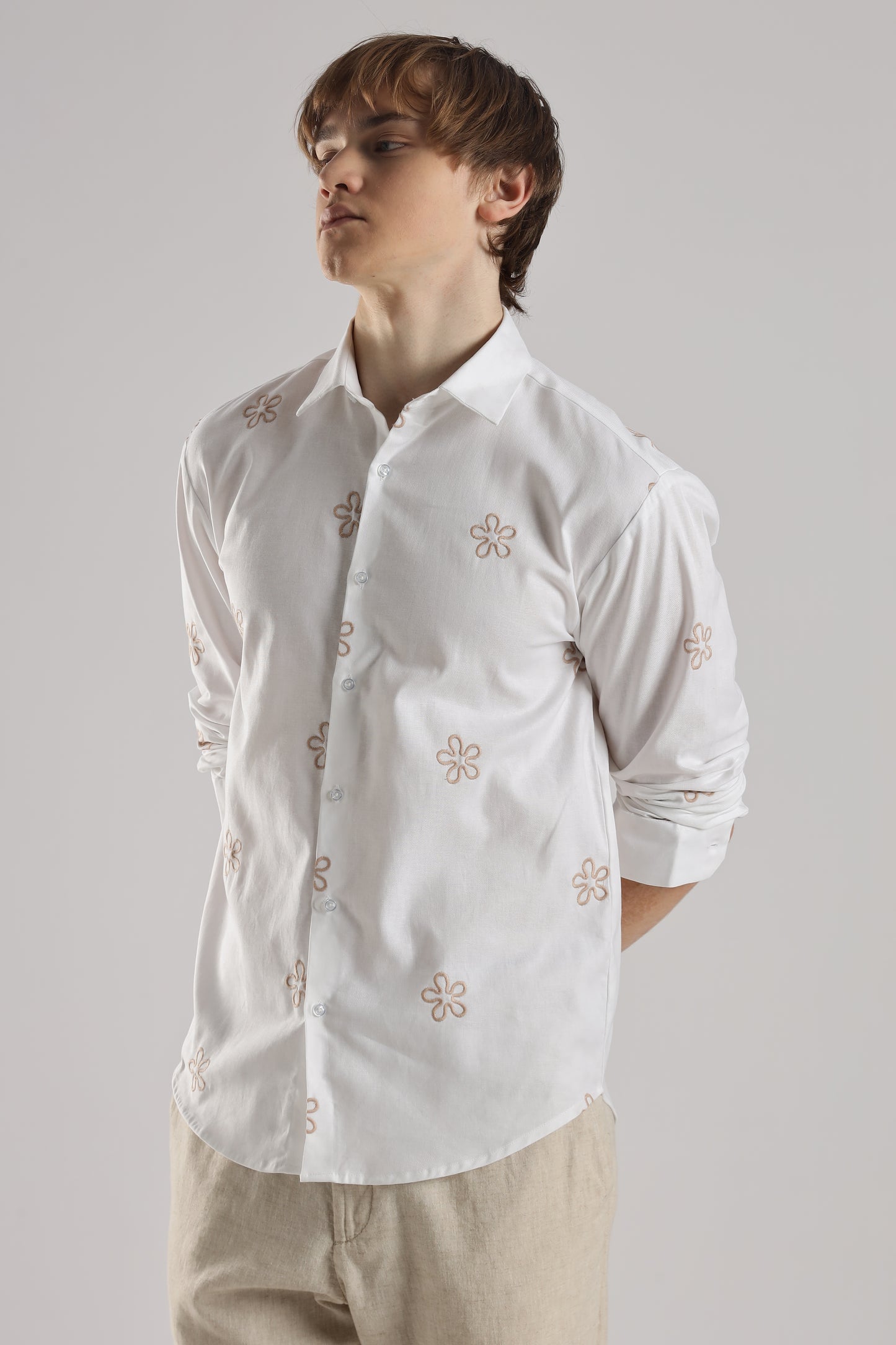 White Embroidered Floral Designer Shirt Regular Fit