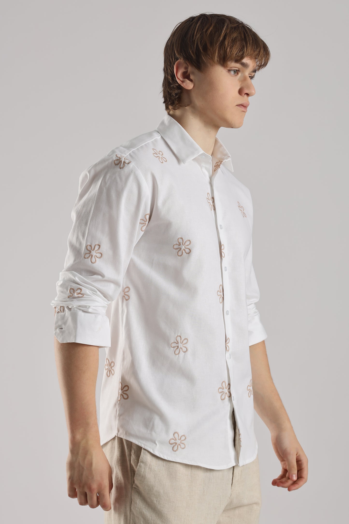 White Embroidered Floral Designer Shirt Regular Fit