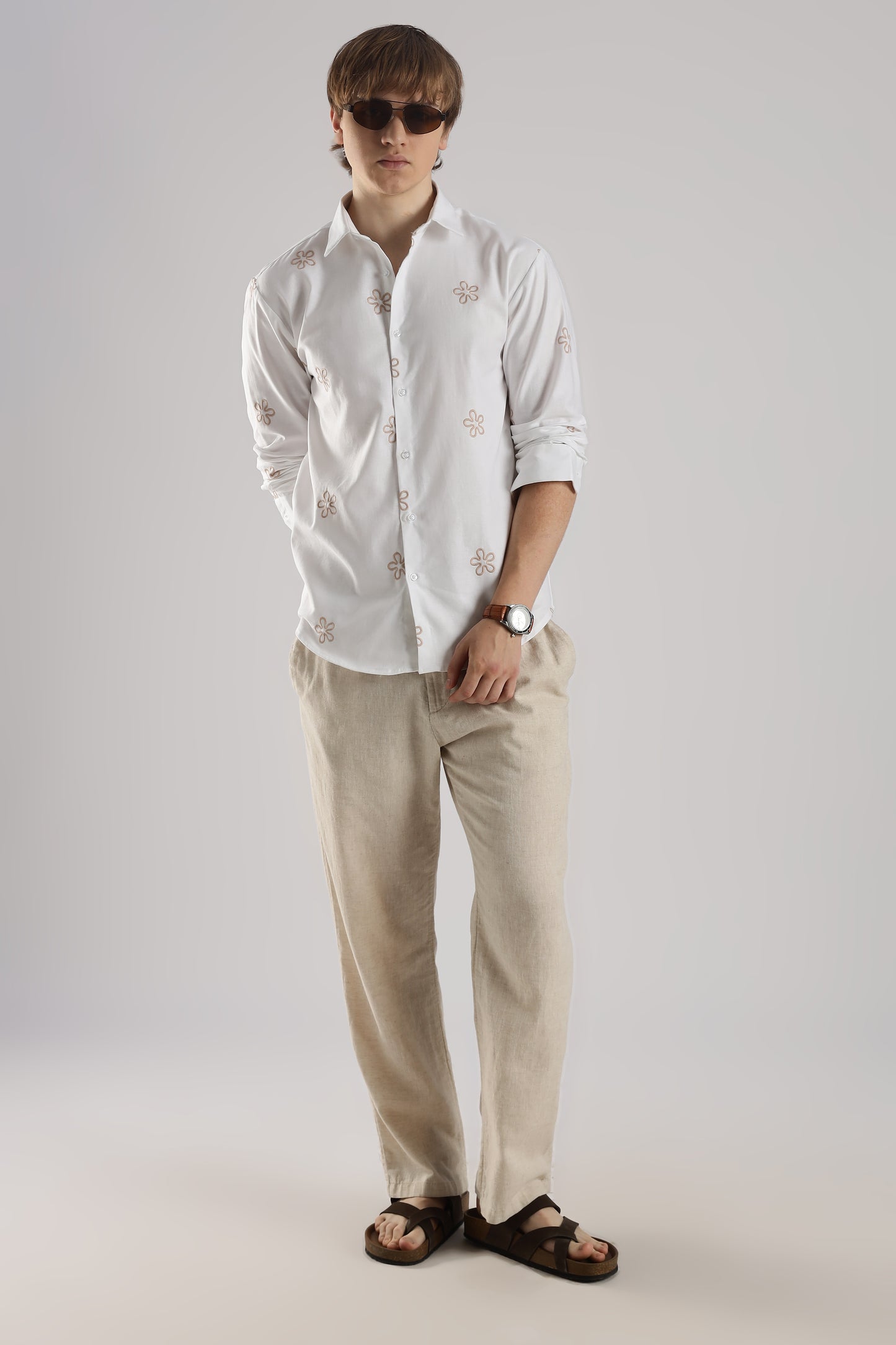 White Embroidered Floral Designer Shirt Regular Fit