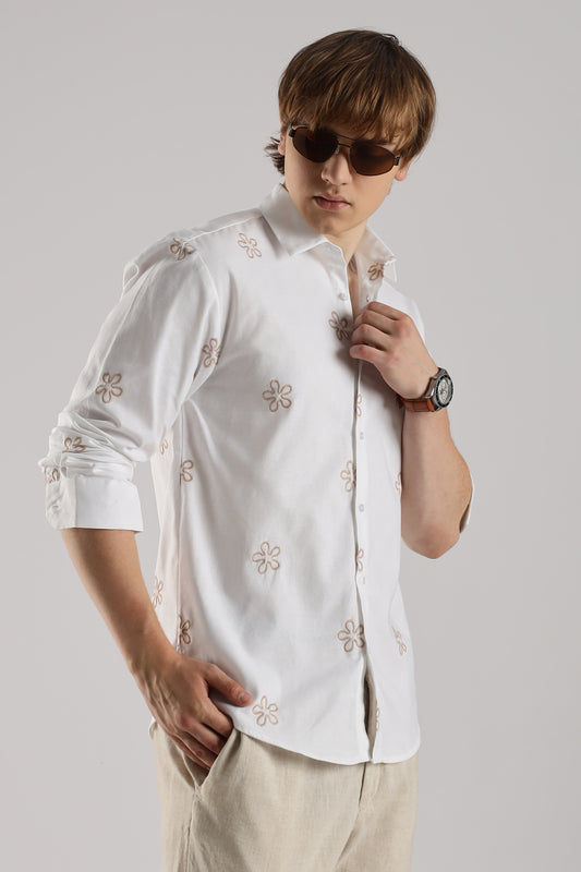 White Embroidered Floral Designer Shirt Regular Fit