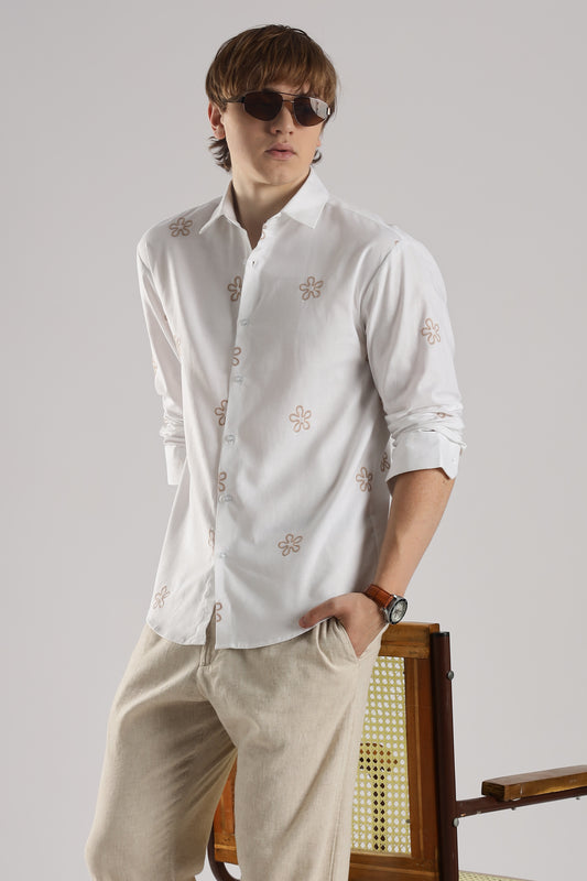 White Embroidered Floral Designer Shirt Regular Fit