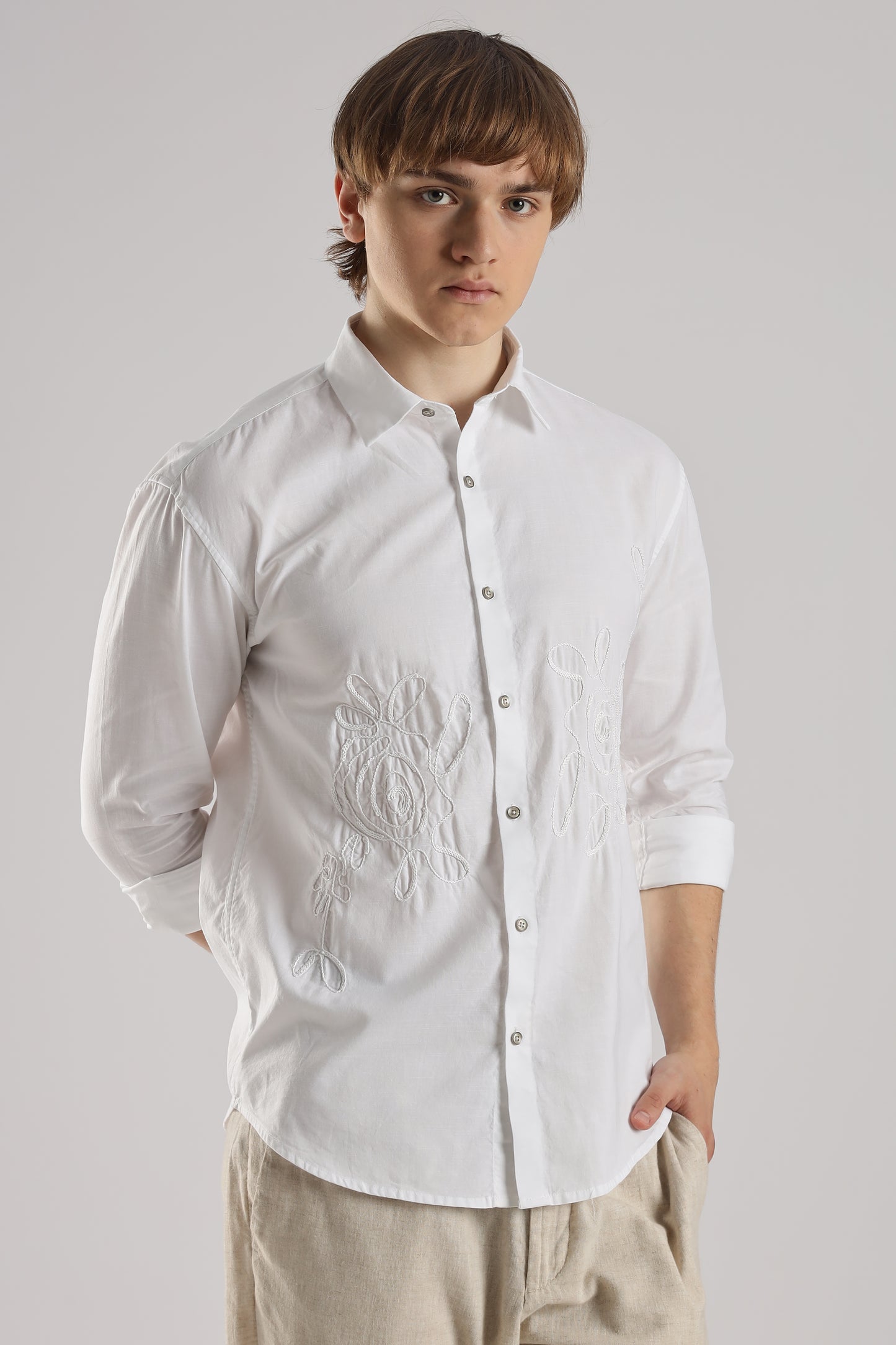 White Floral Embroidered Shirt