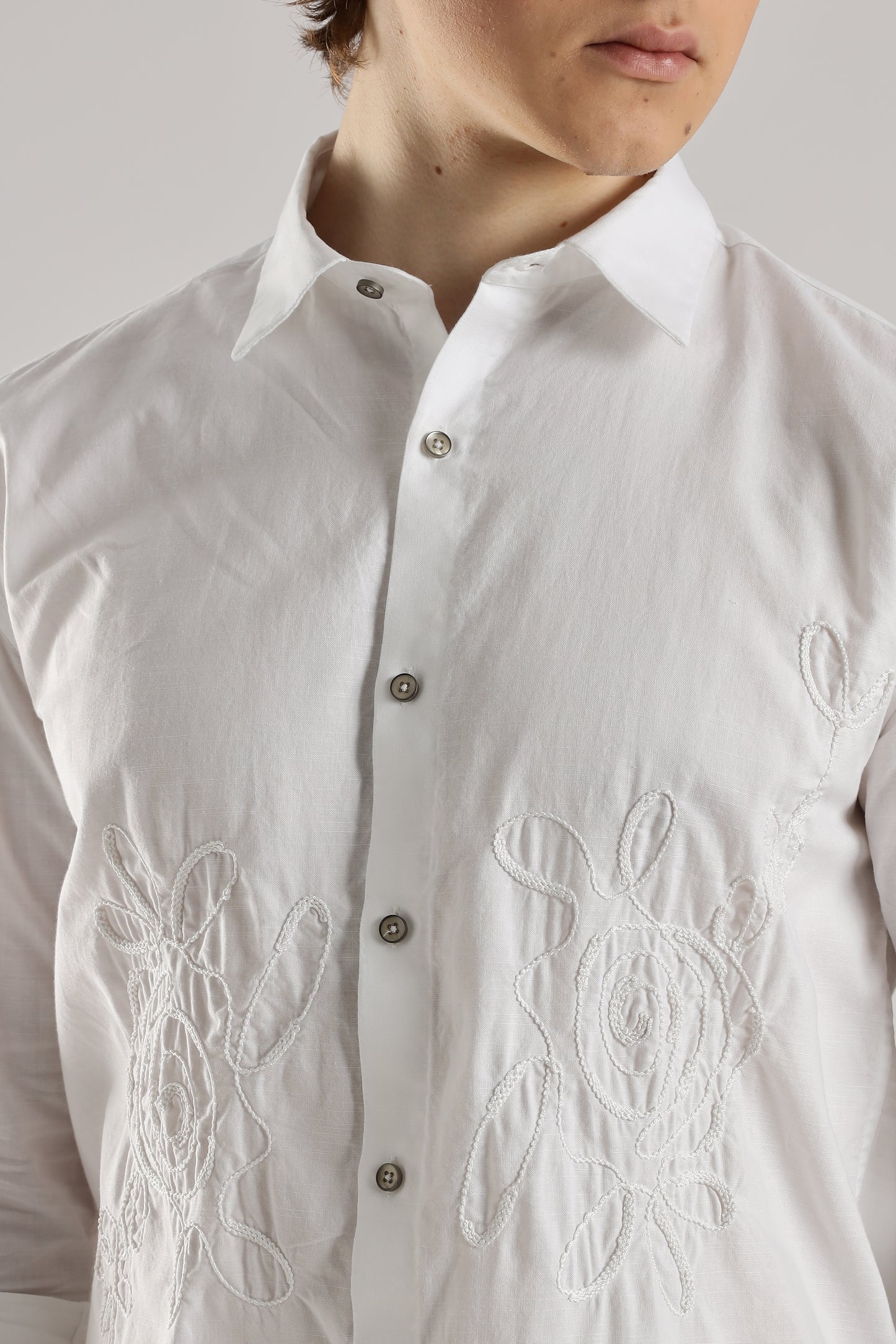 White Floral Embroidered Shirt