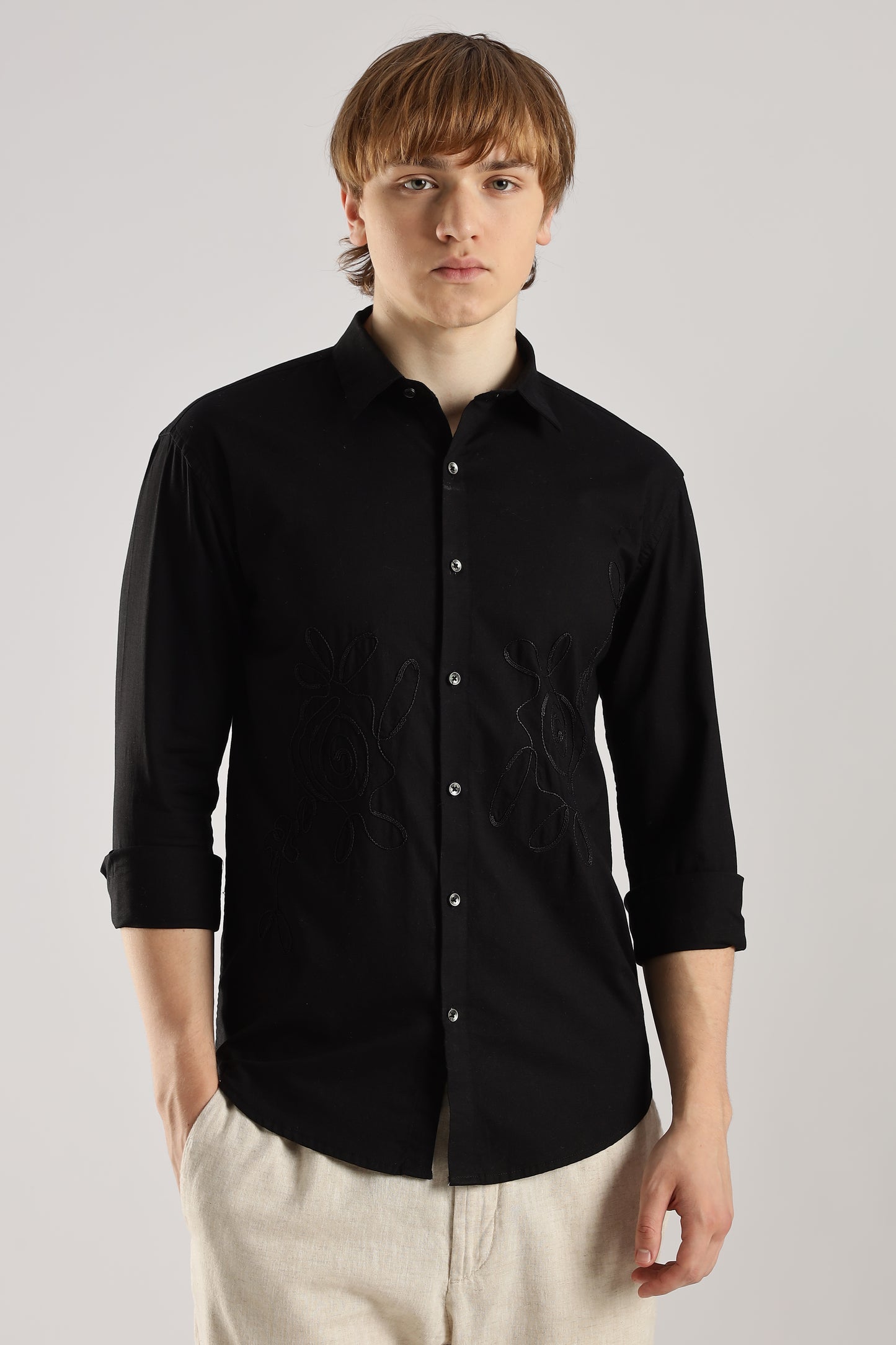 Black Floral Embroidered Shirt