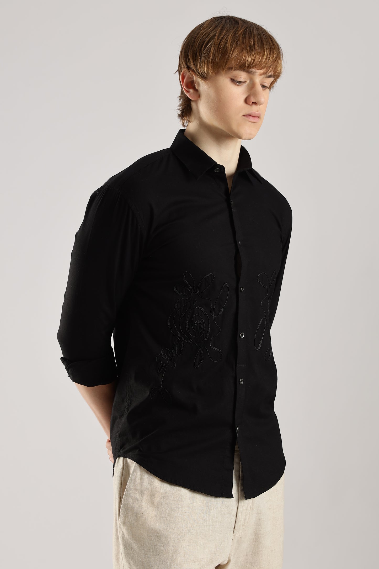 Black Floral Embroidered Shirt