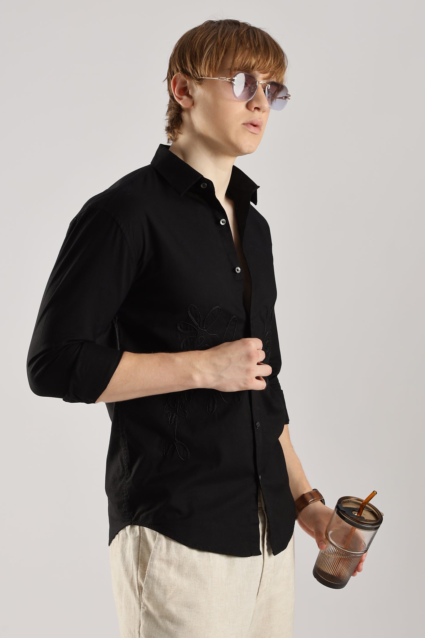 Black Floral Embroidered Shirt