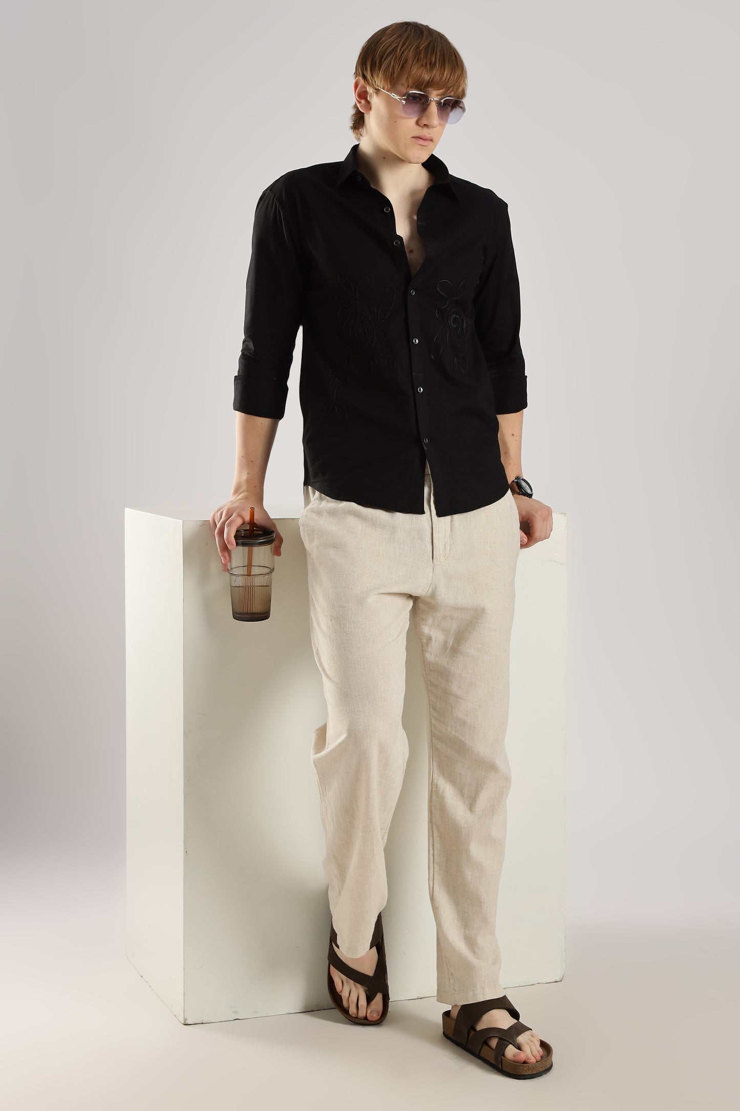 Black Floral Embroidered Shirt