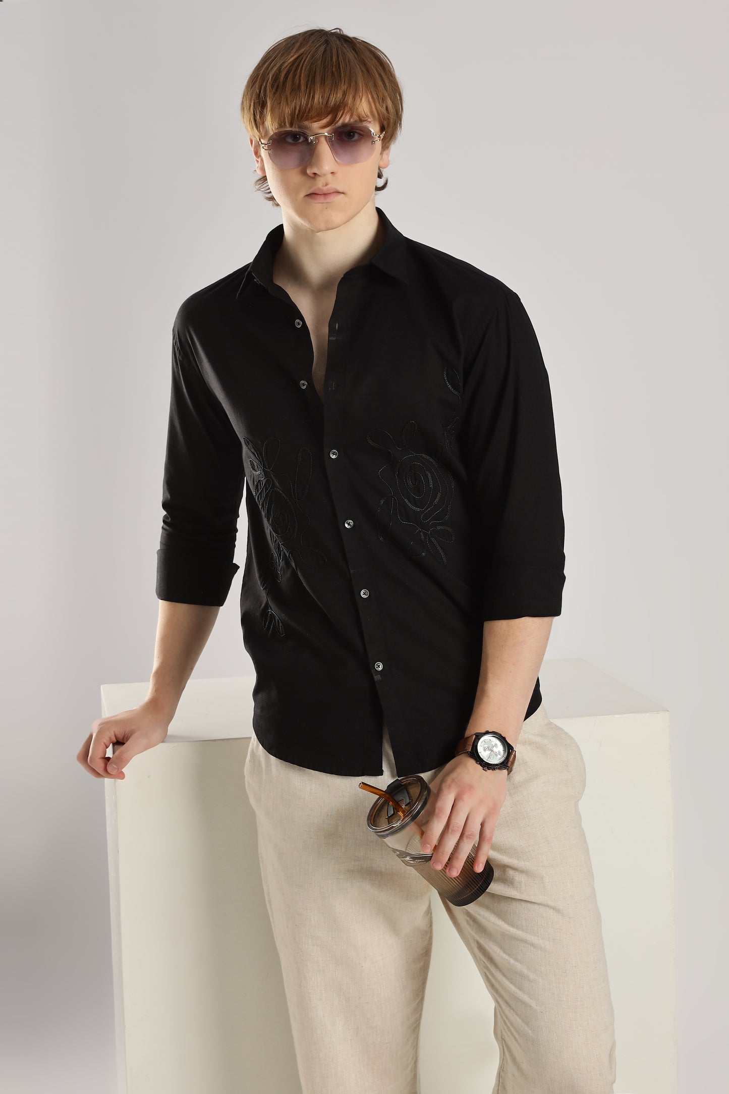 Black Floral Embroidered Shirt