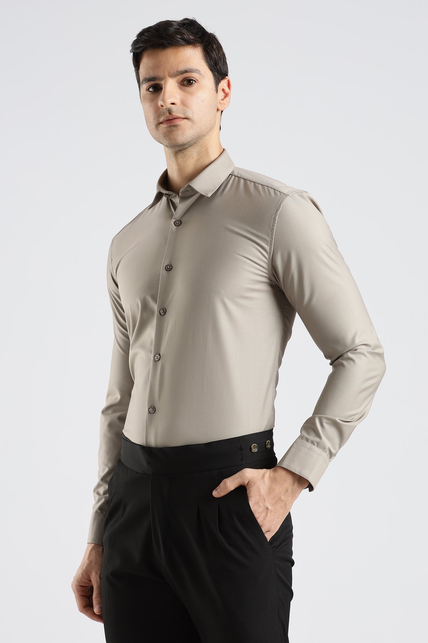 Plain Stone Beige Melange Wrinkle Free Shirt