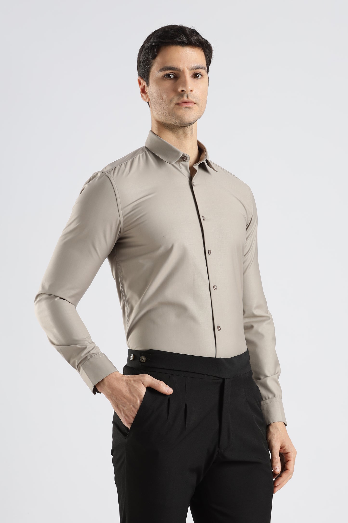 Plain Stone Beige Melange Wrinkle Free Shirt