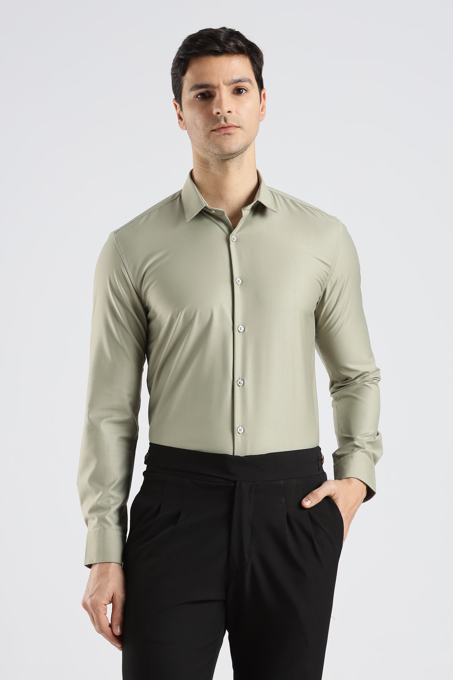 Plain Sage Green Melange Wrinkle Free Shirt