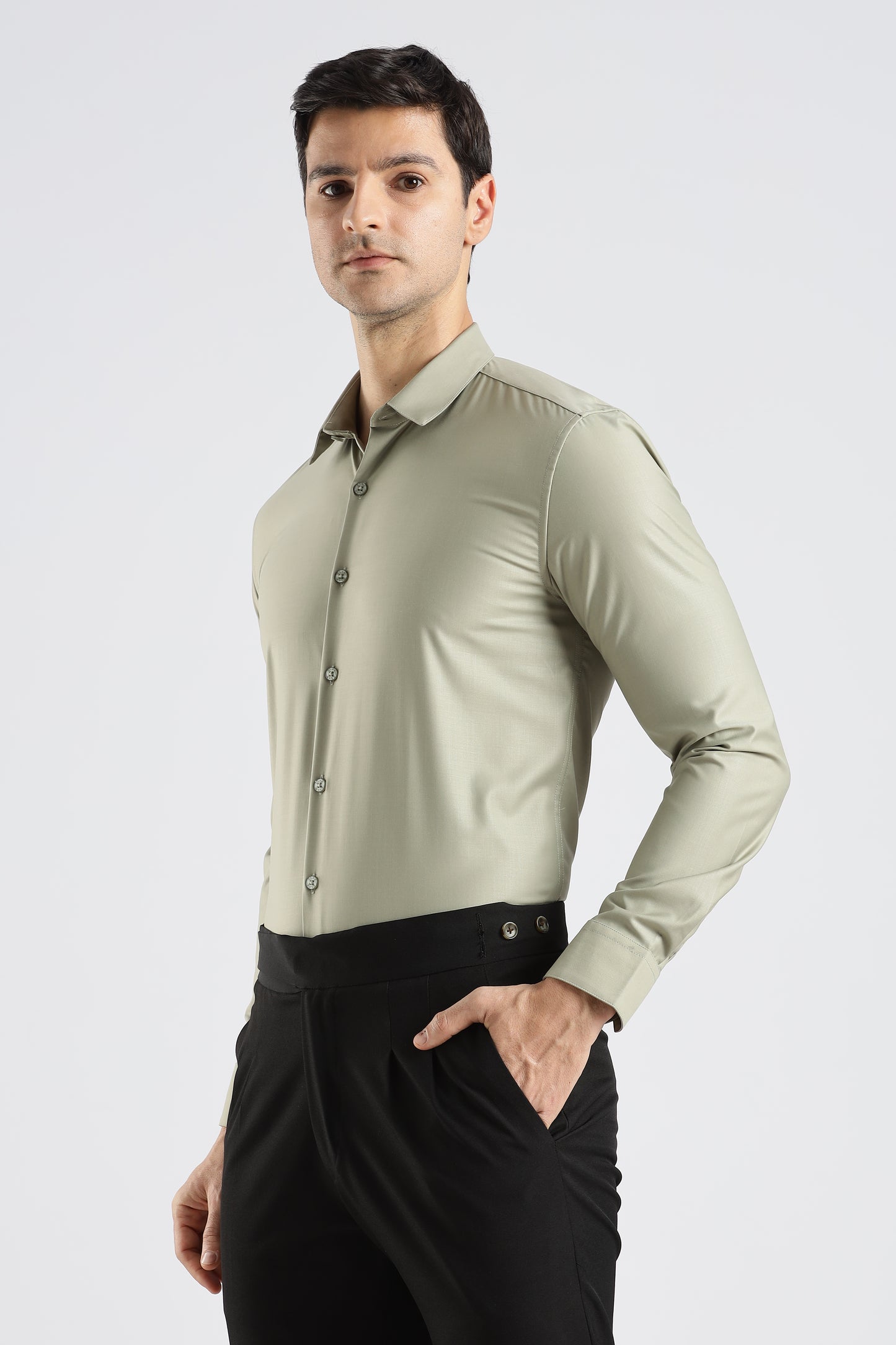 Plain Sage Green Melange Wrinkle Free Shirt
