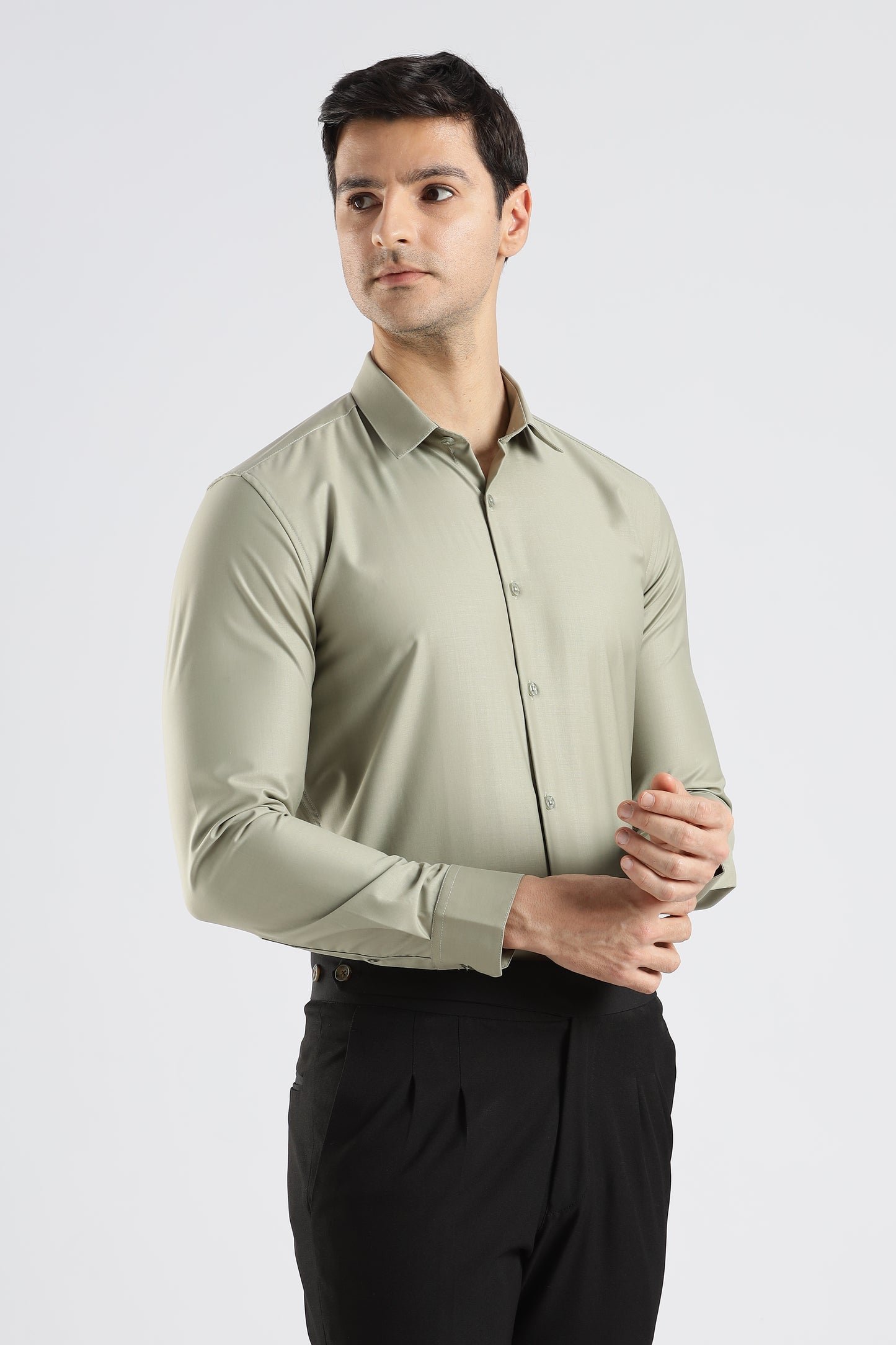 Plain Sage Green Melange Wrinkle Free Shirt