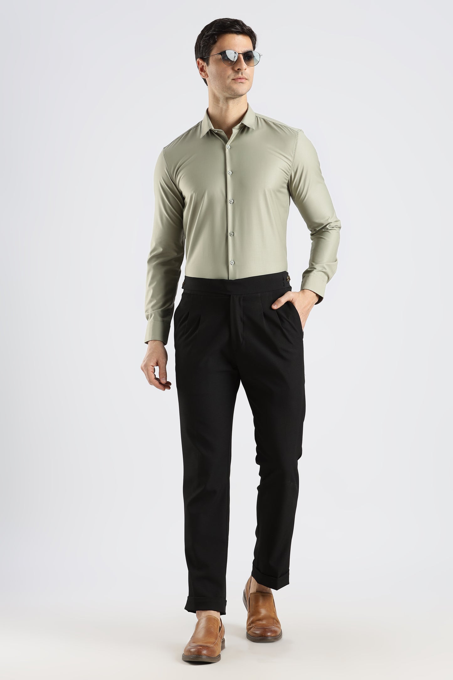 Plain Sage Green Melange Wrinkle Free Shirt