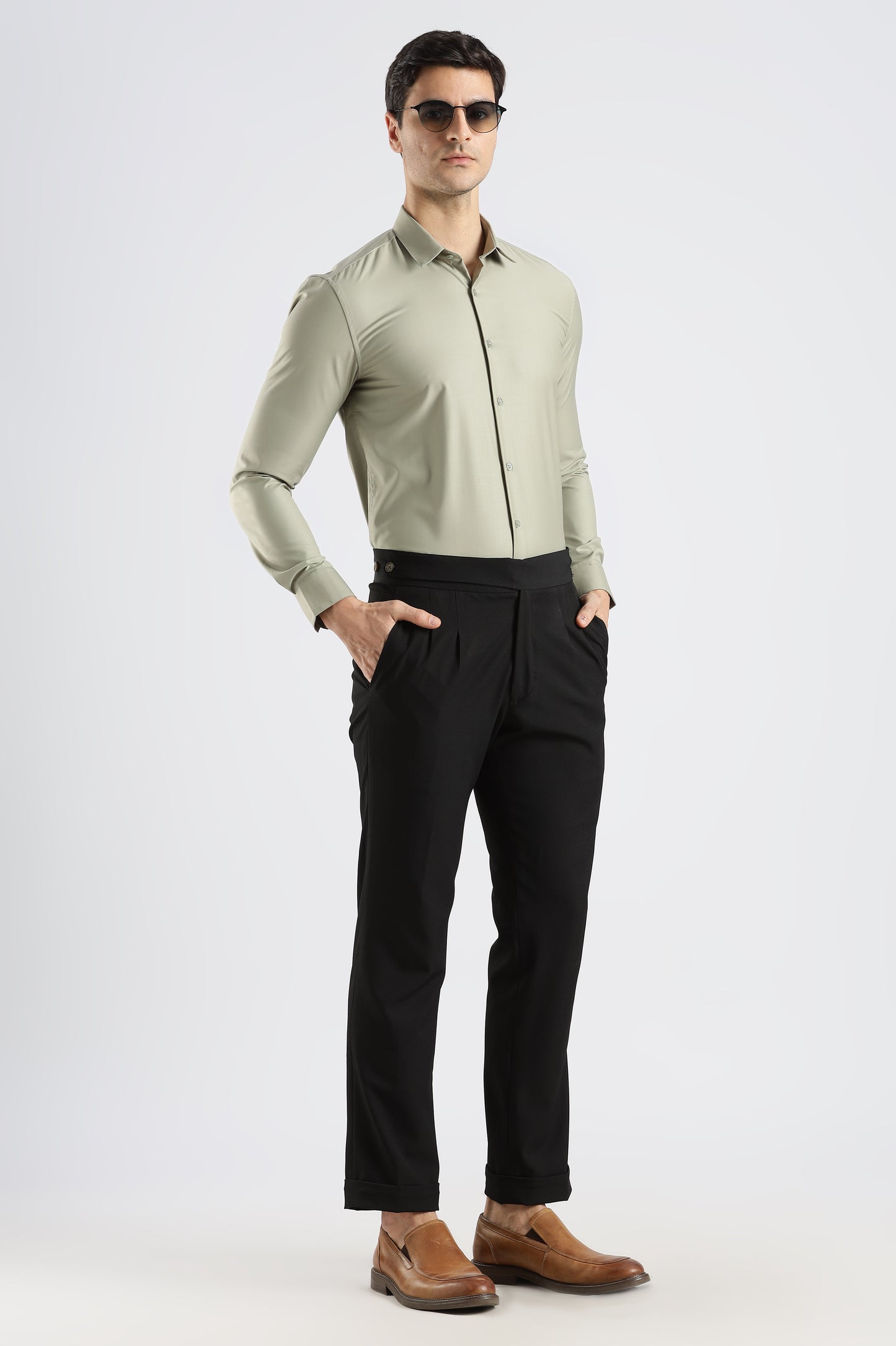 Plain Sage Green Melange Wrinkle Free Shirt