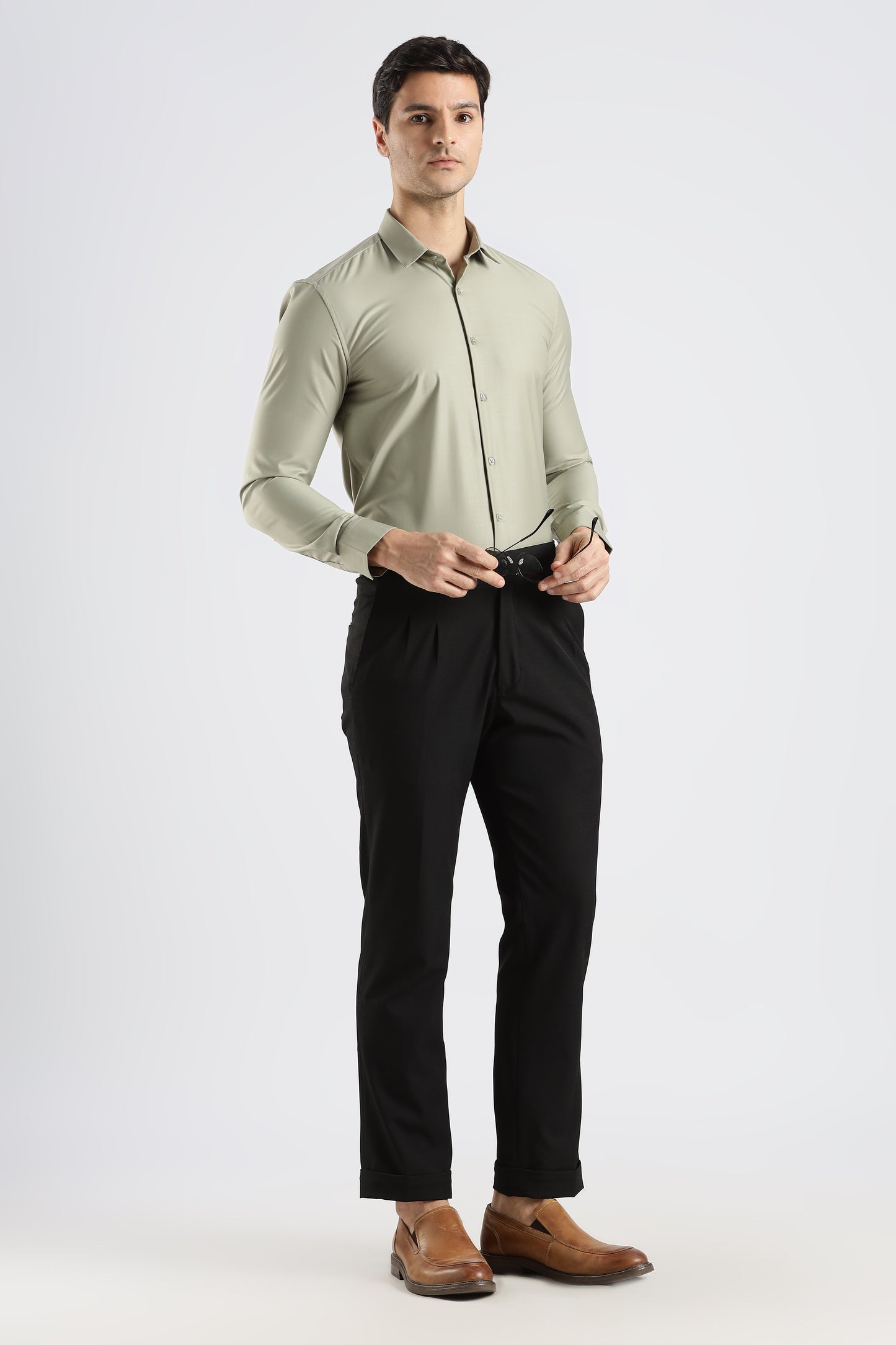 Plain Sage Green Melange Wrinkle Free Shirt