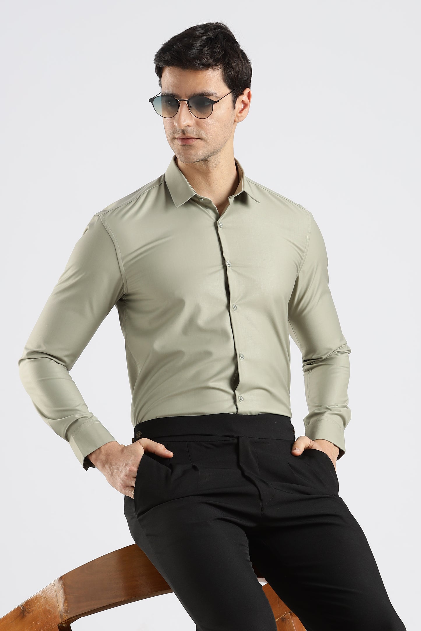 Plain Sage Green Melange Wrinkle Free Shirt