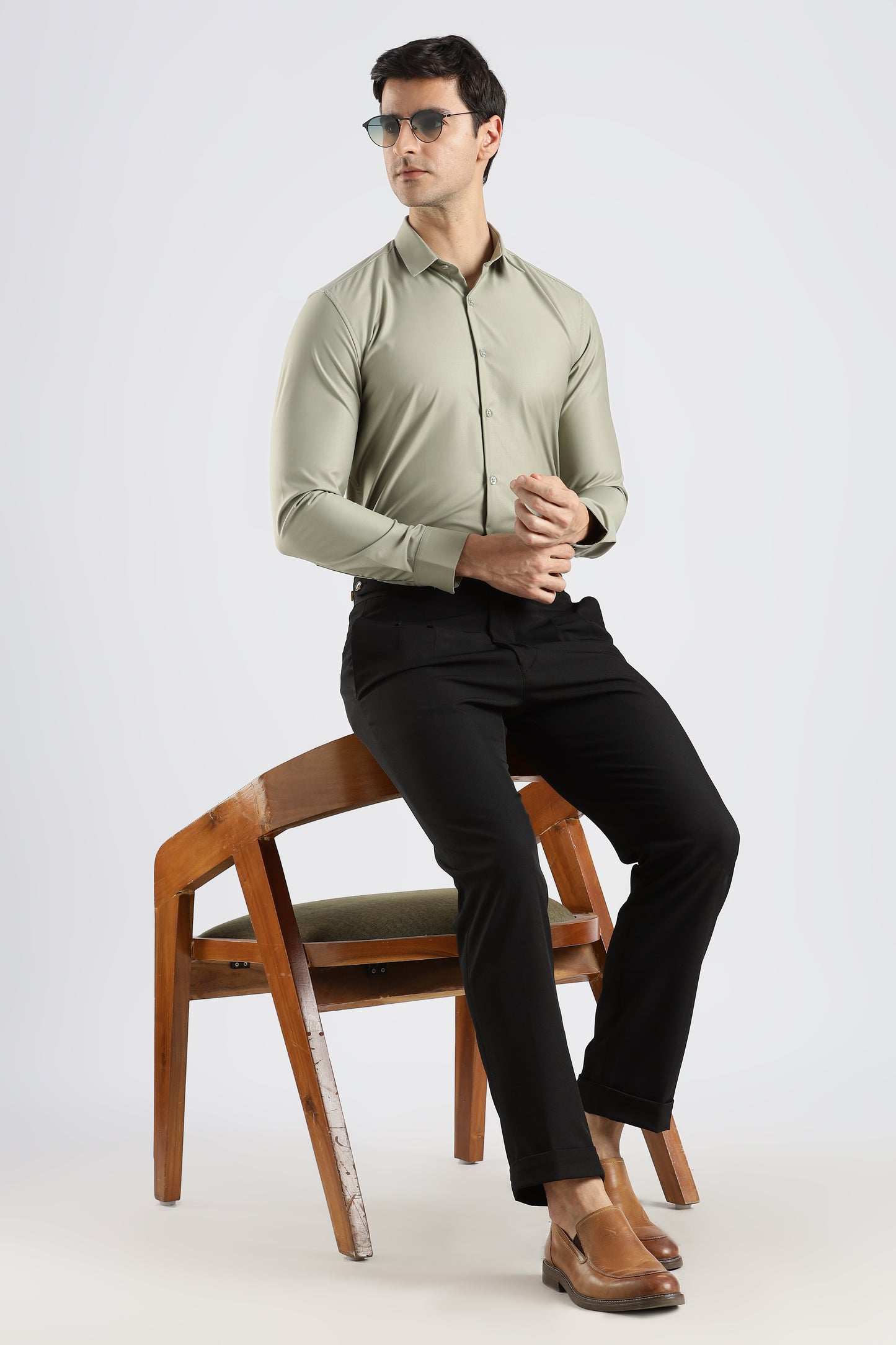 Plain Sage Green Melange Wrinkle Free Shirt