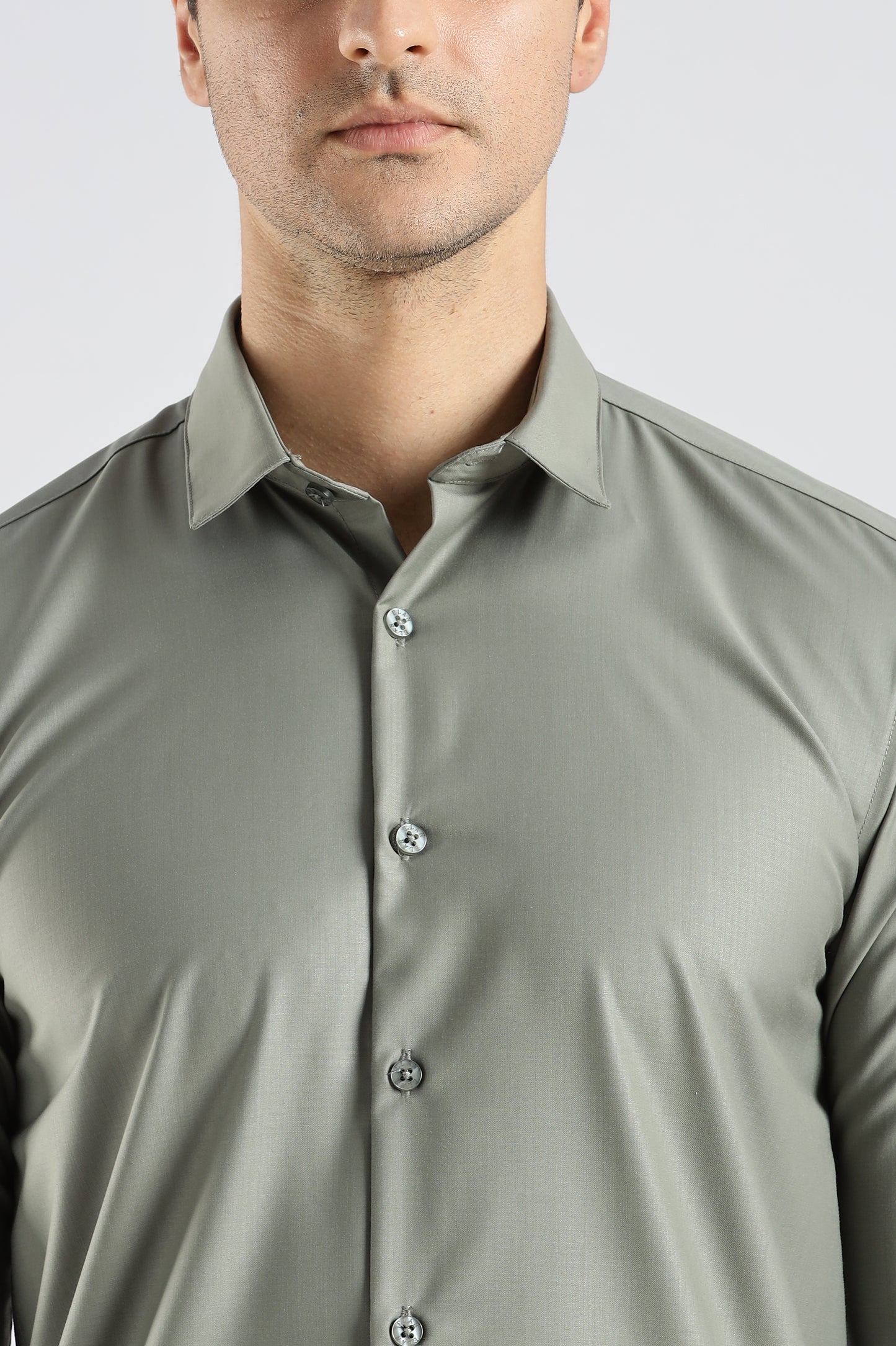 Plain Olive Green Melange Wrinkle Free Shirt