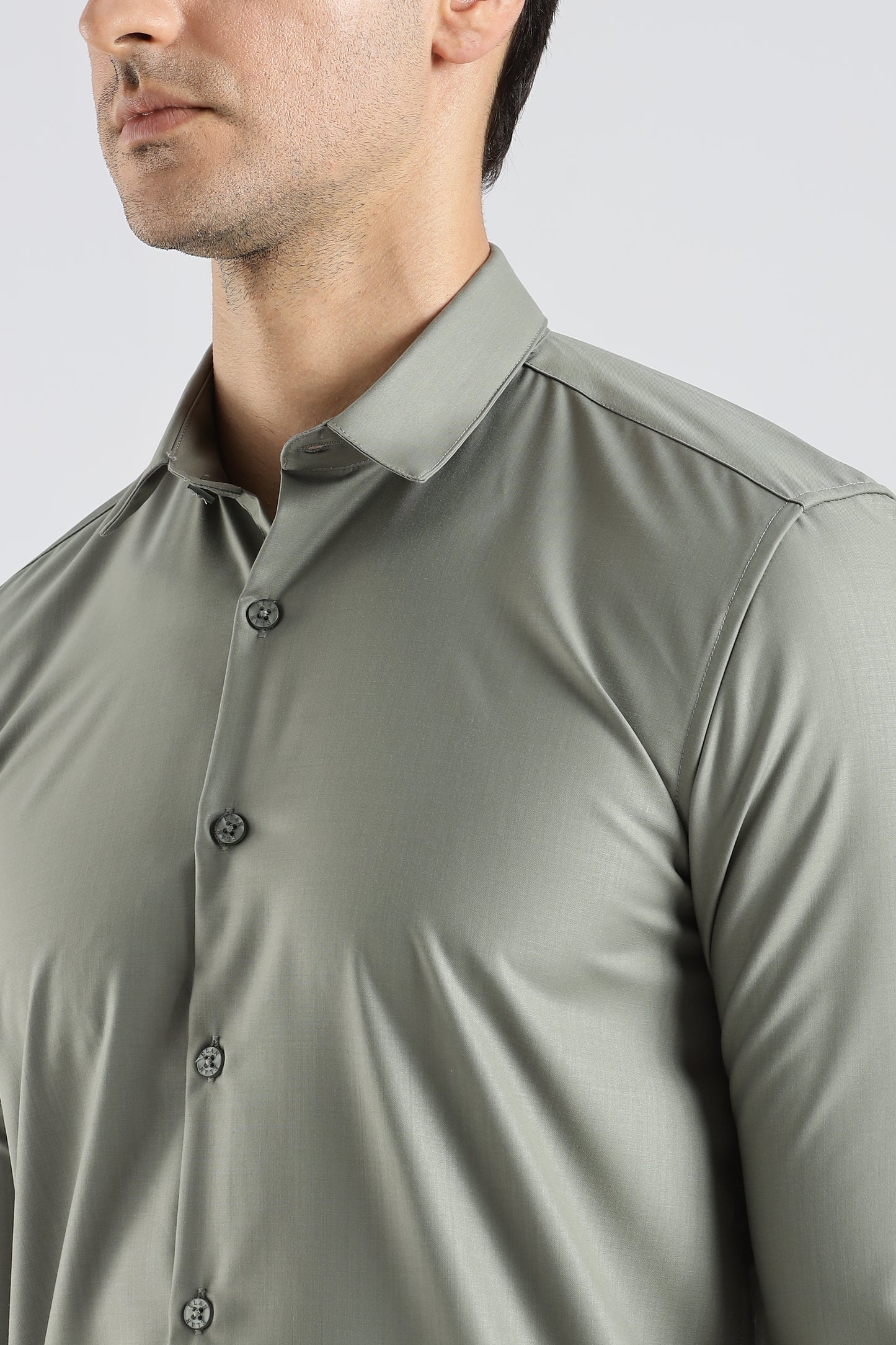 Plain Olive Green Melange Wrinkle Free Shirt
