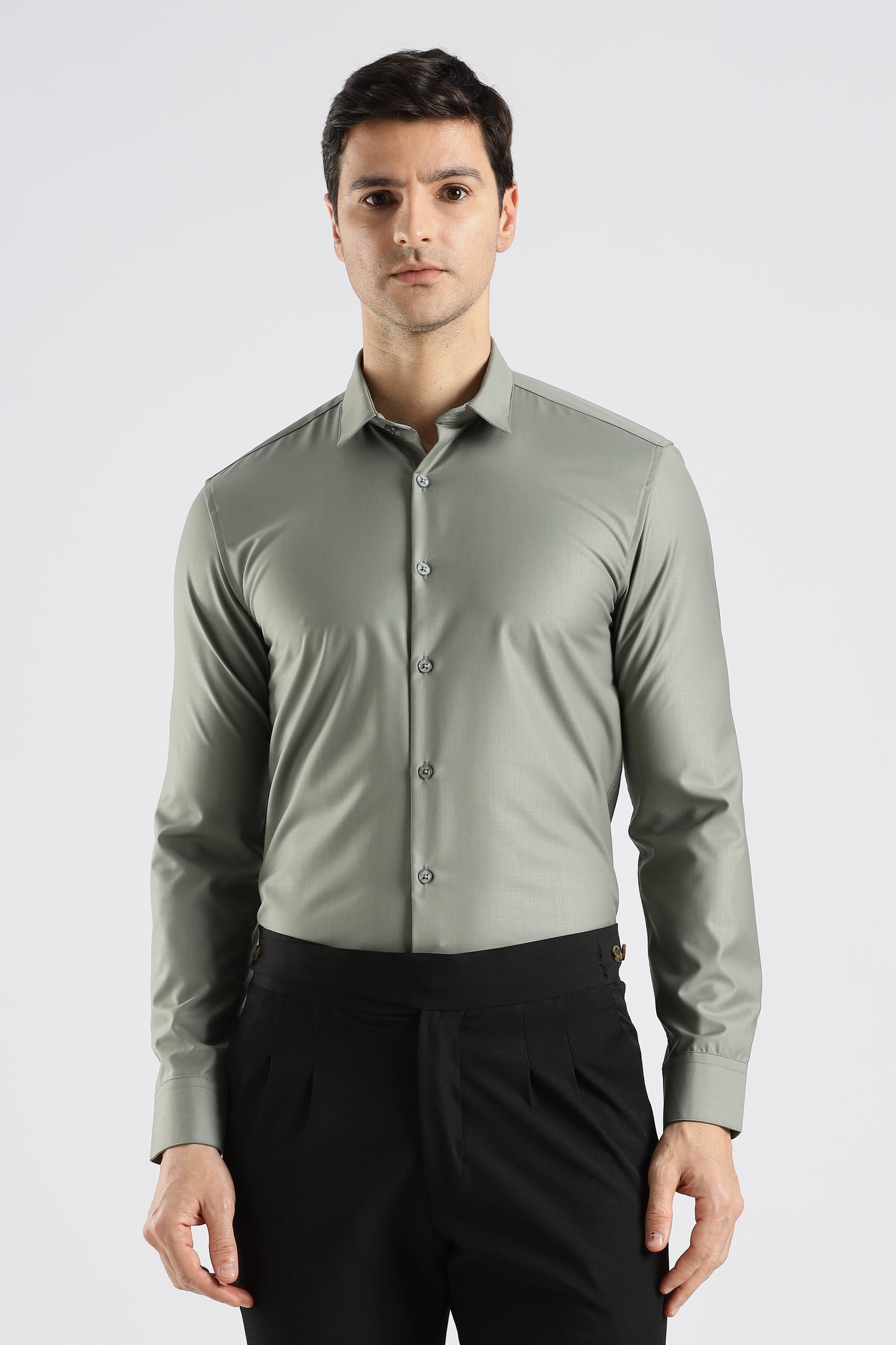 Plain Olive Green Melange Wrinkle Free Shirt