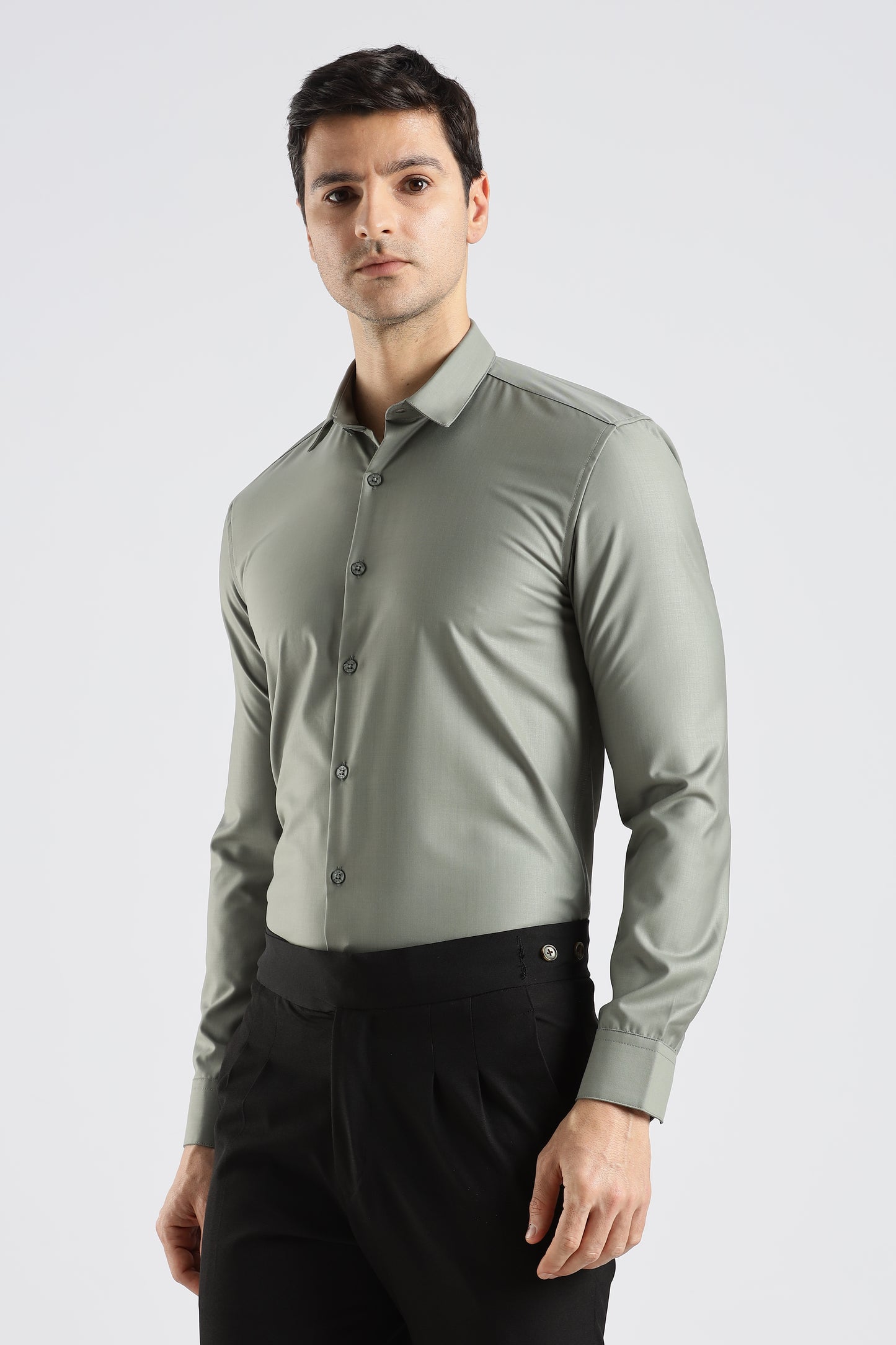 Plain Olive Green Melange Wrinkle Free Shirt