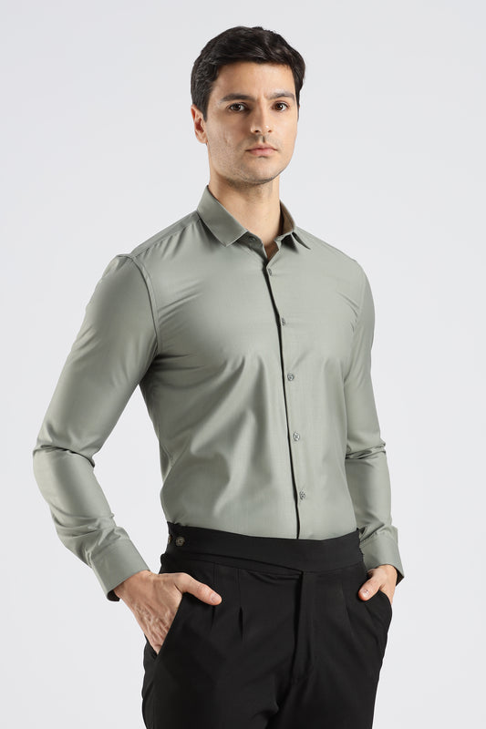 Plain Olive Green Melange Wrinkle Free Shirt