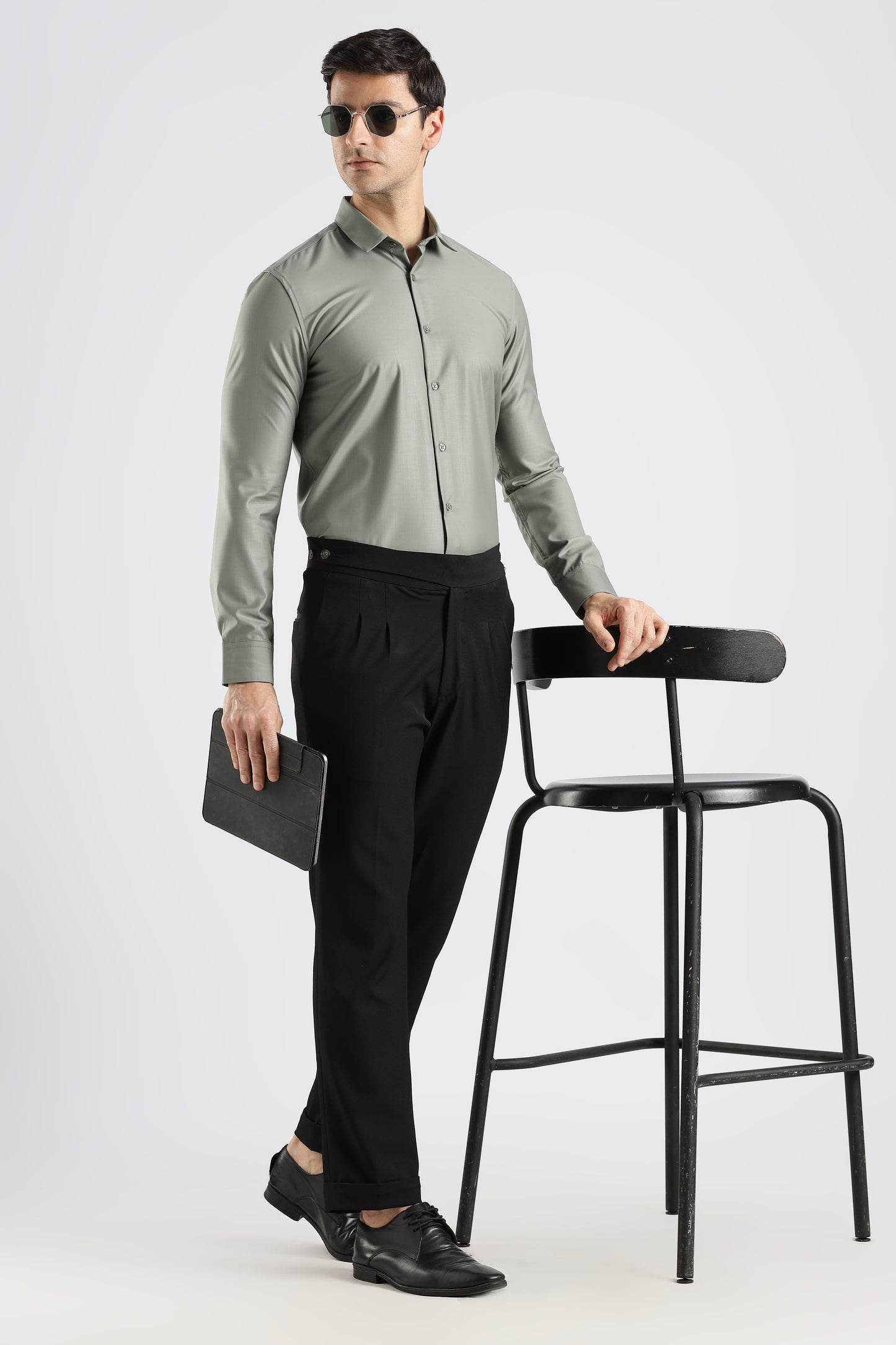 Plain Olive Green Melange Wrinkle Free Shirt