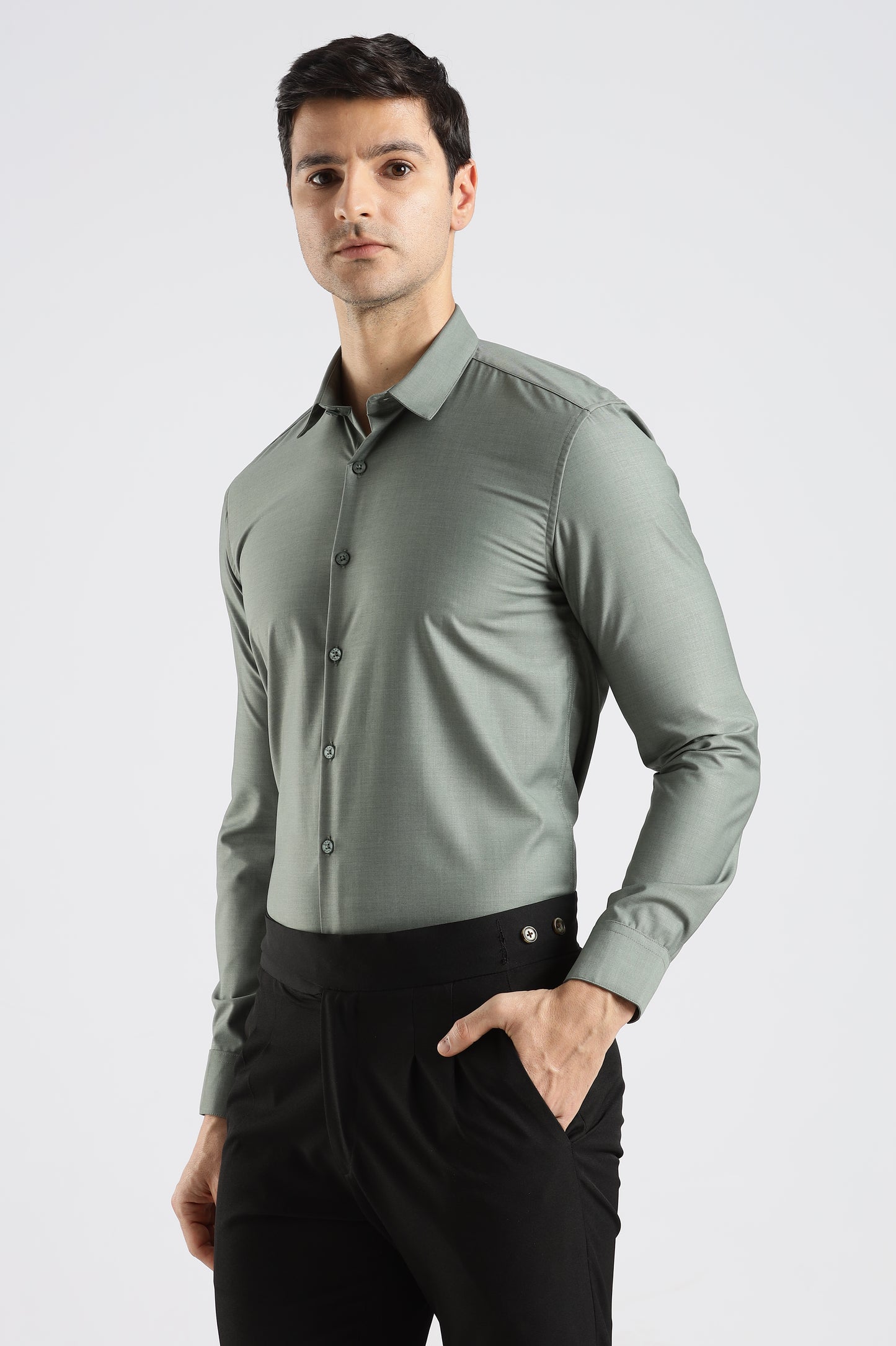 Plain Ash Green Melange Wrinkle Free Shirt