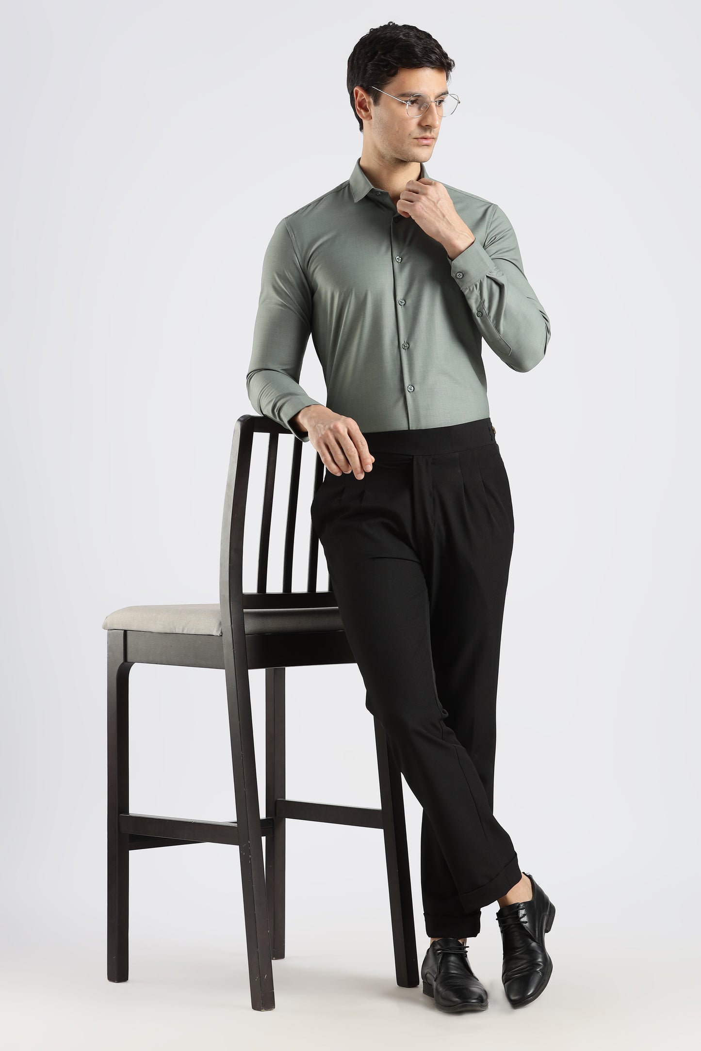 Plain Ash Green Melange Wrinkle Free Shirt