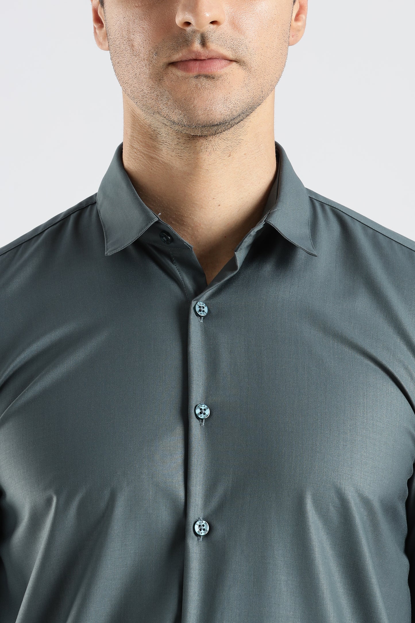 Plain Teal Grey Melange Wrinkle Free Shirt