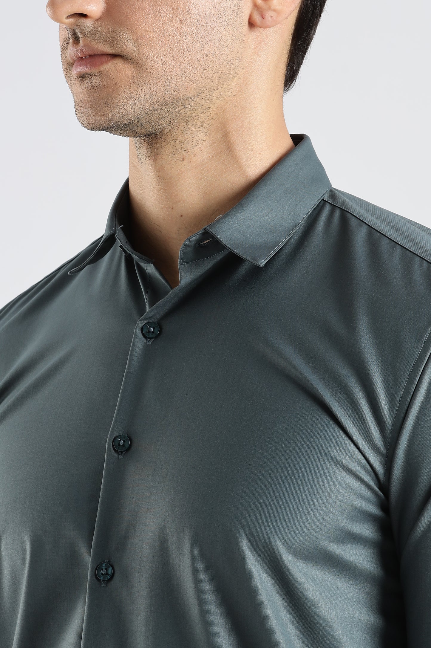 Plain Teal Grey Melange Wrinkle Free Shirt