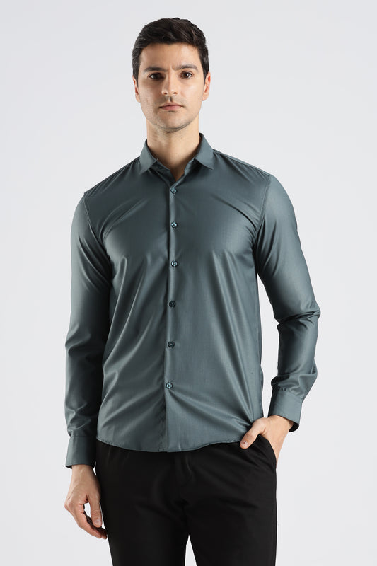 Plain Teal Grey Melange Wrinkle Free Shirt