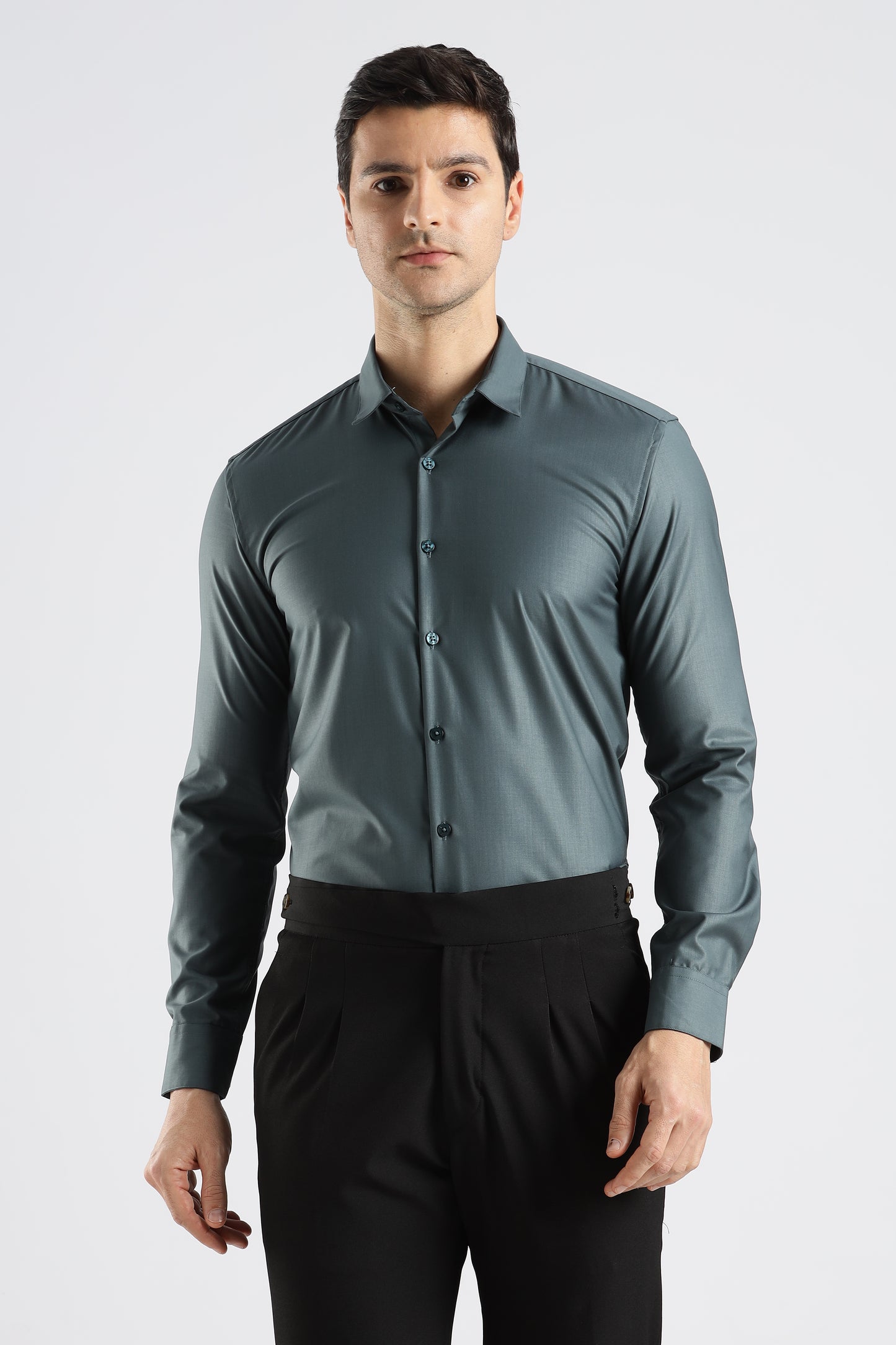 Plain Teal Grey Melange Wrinkle Free Shirt