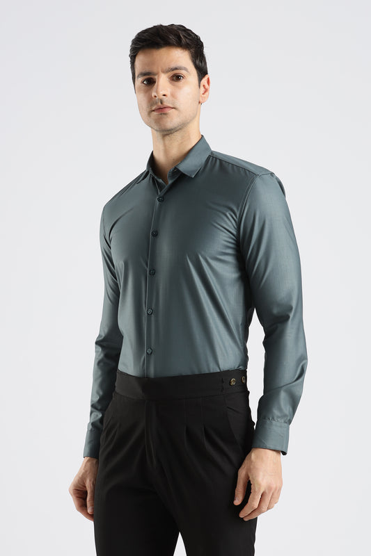 Plain Teal Grey Melange Wrinkle Free Shirt