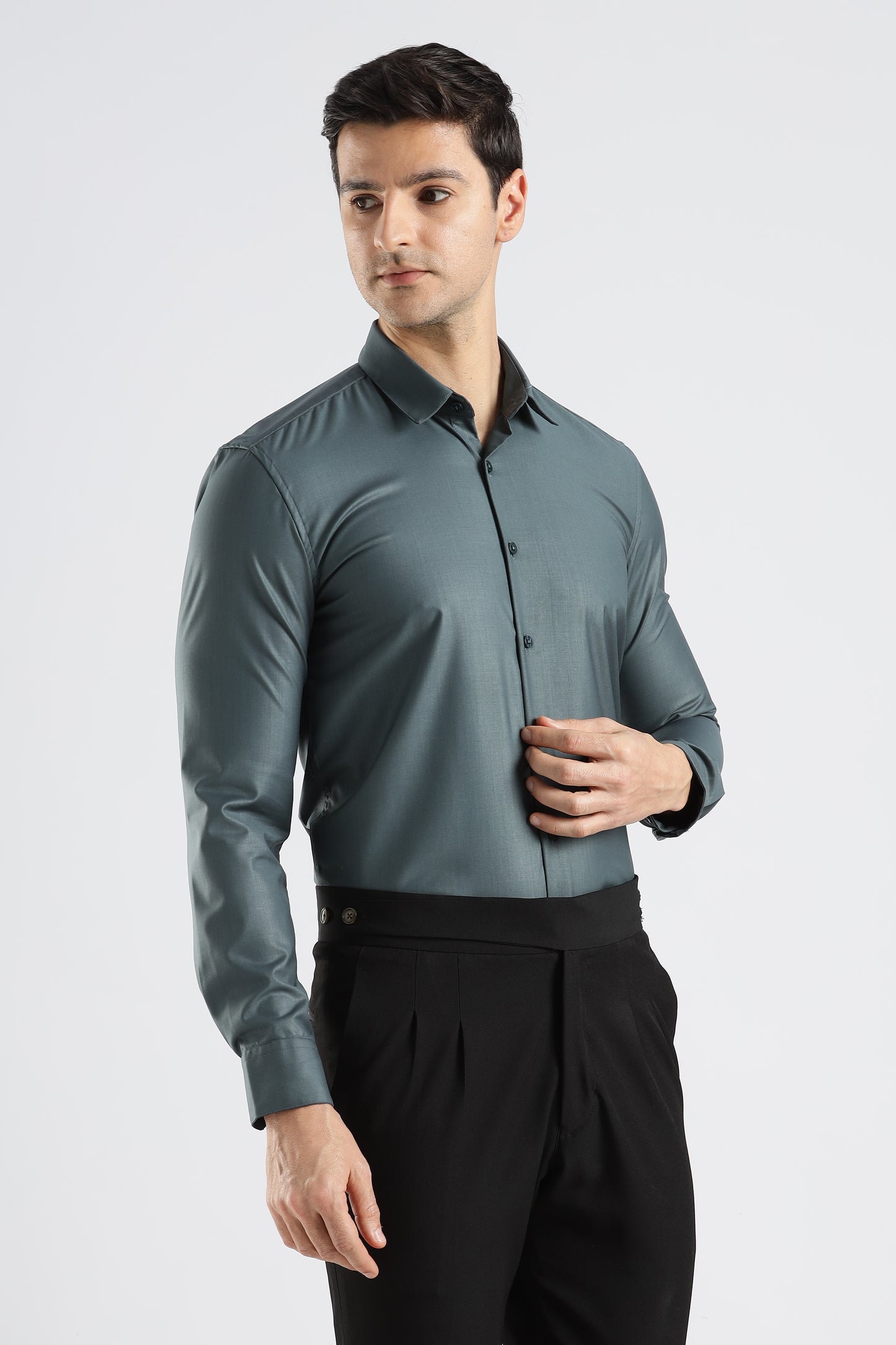 Plain Teal Grey Melange Wrinkle Free Shirt