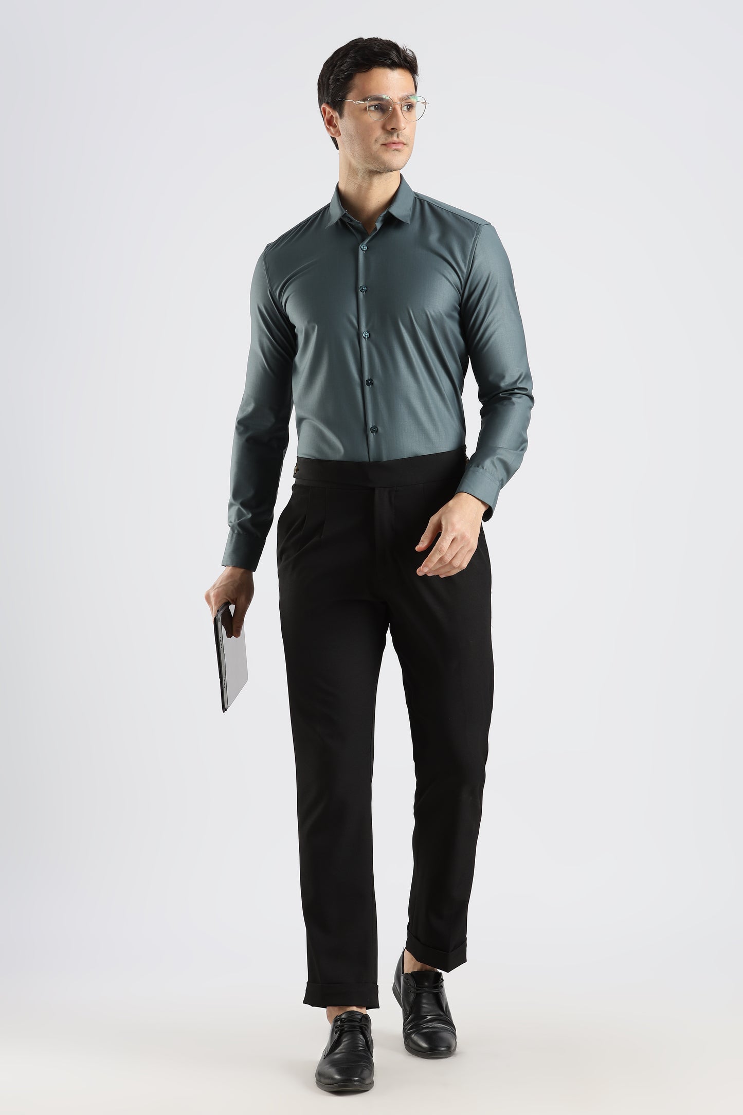 Plain Teal Grey Melange Wrinkle Free Shirt