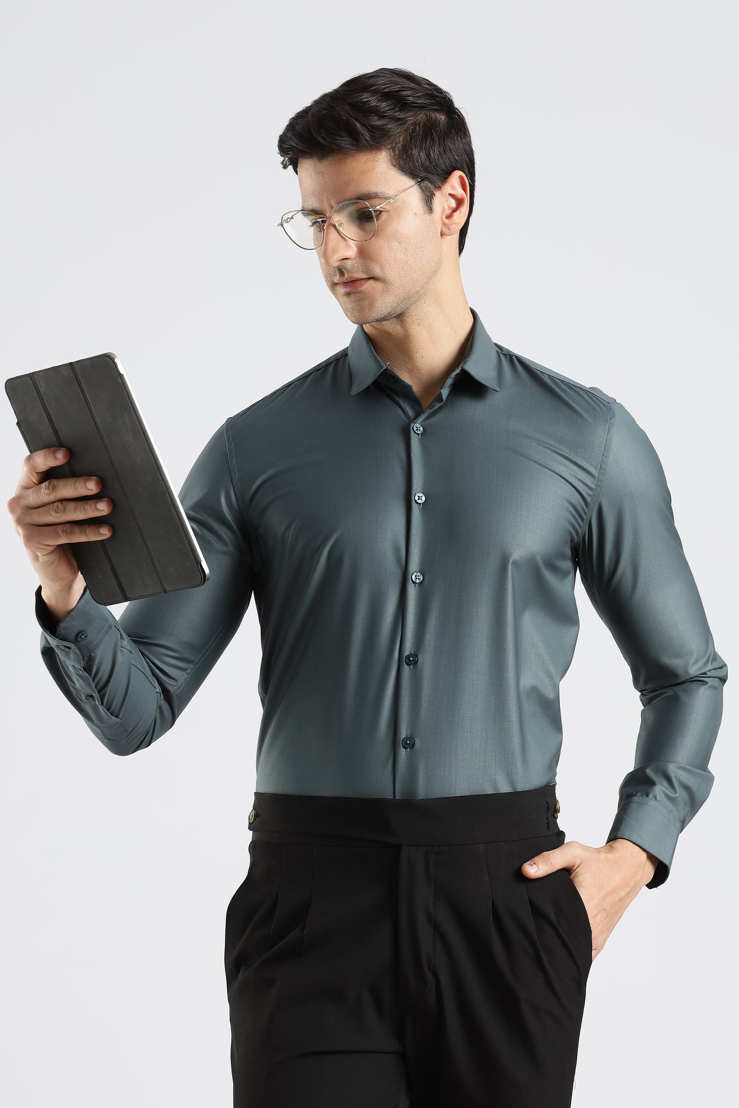 Plain Teal Grey Melange Wrinkle Free Shirt