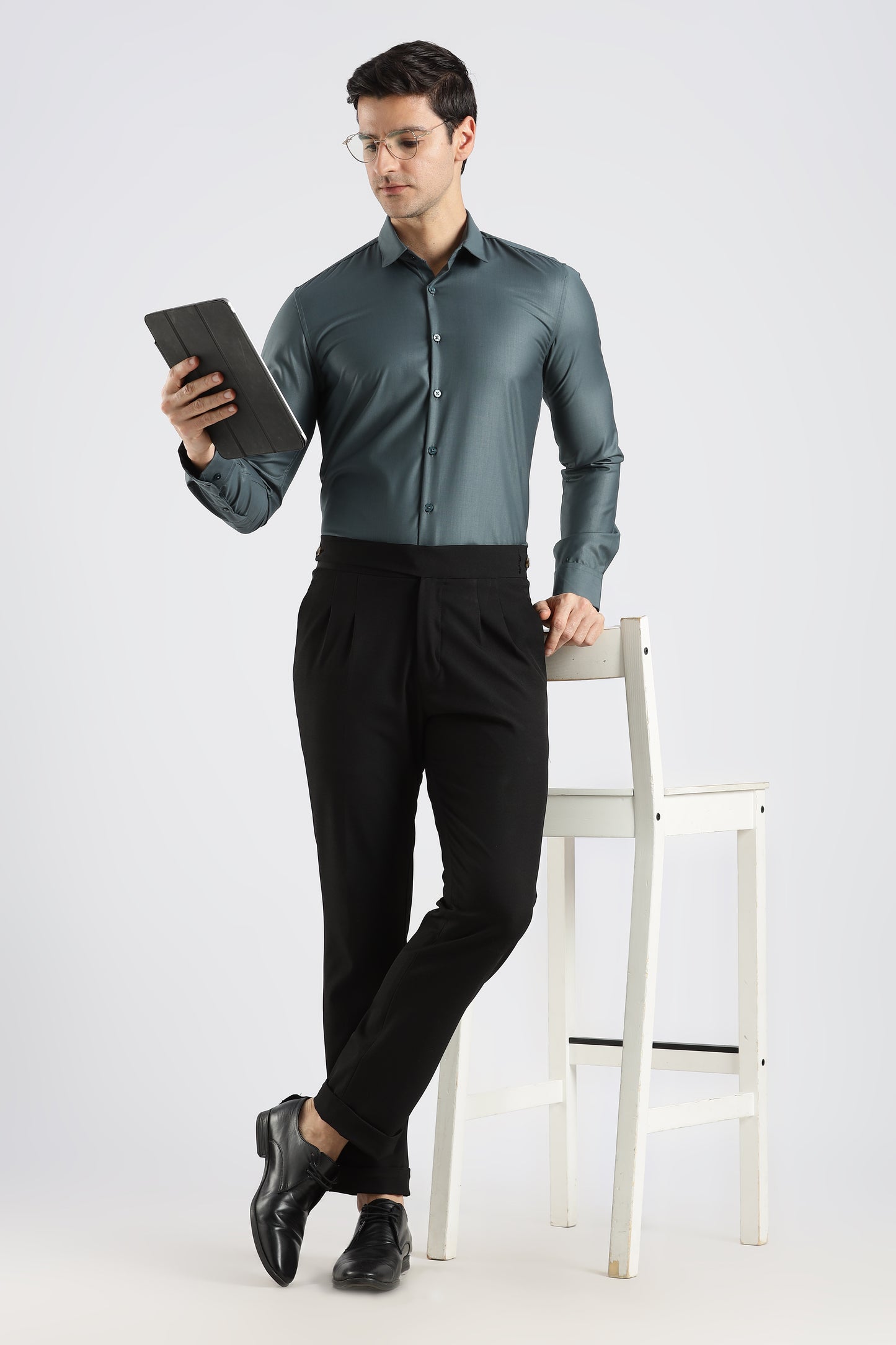 Plain Teal Grey Melange Wrinkle Free Shirt