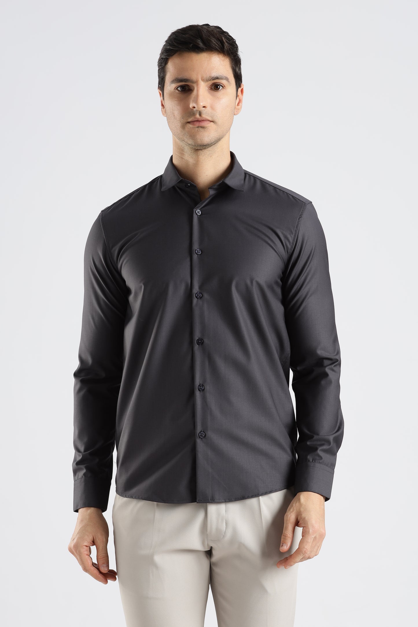 Plain Charcoal Grey Melange Wrinkle Free Shirt