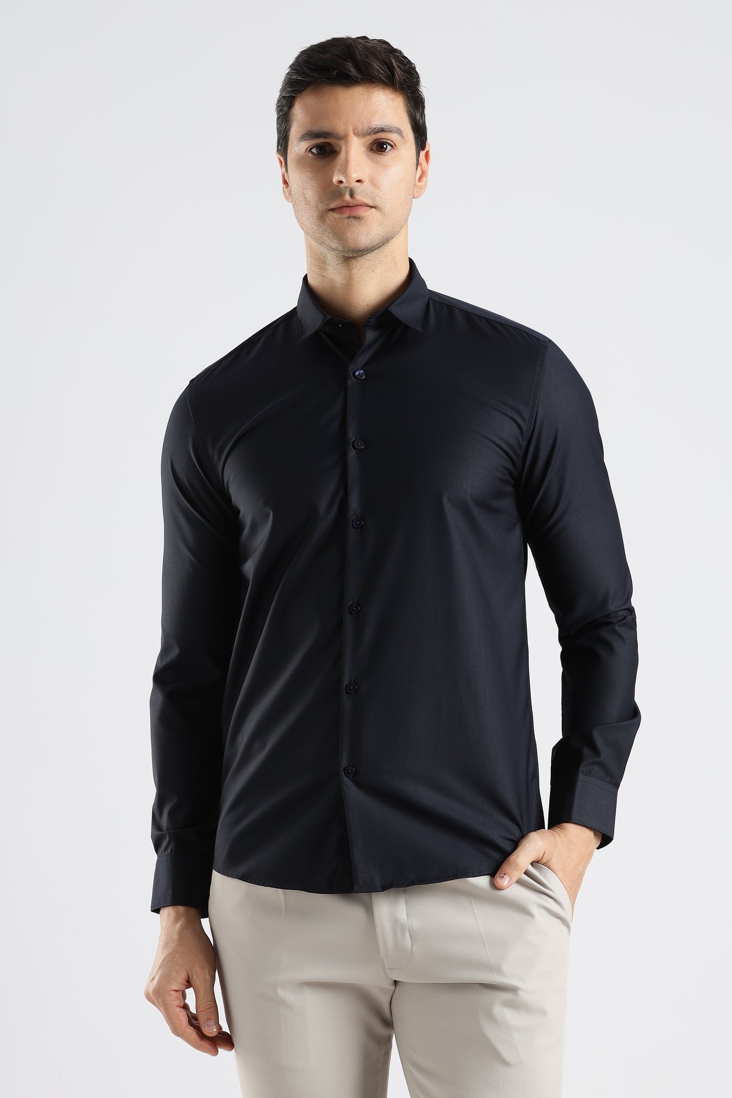 Plain Midnight Blue Melange Wrinkle Free Shirt