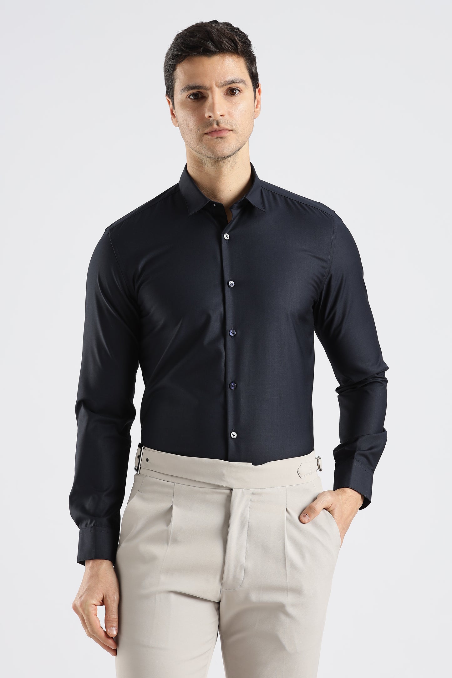 Plain Midnight Blue Melange Wrinkle Free Shirt