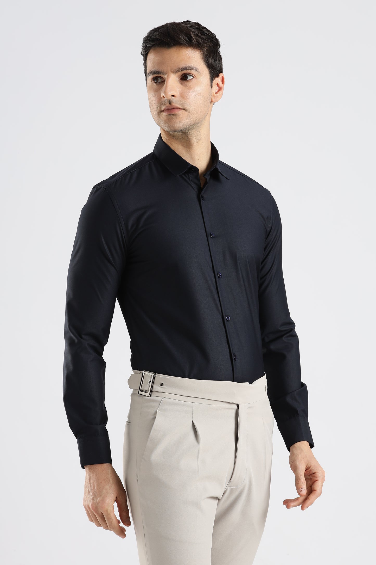 Plain Midnight Blue Melange Wrinkle Free Shirt