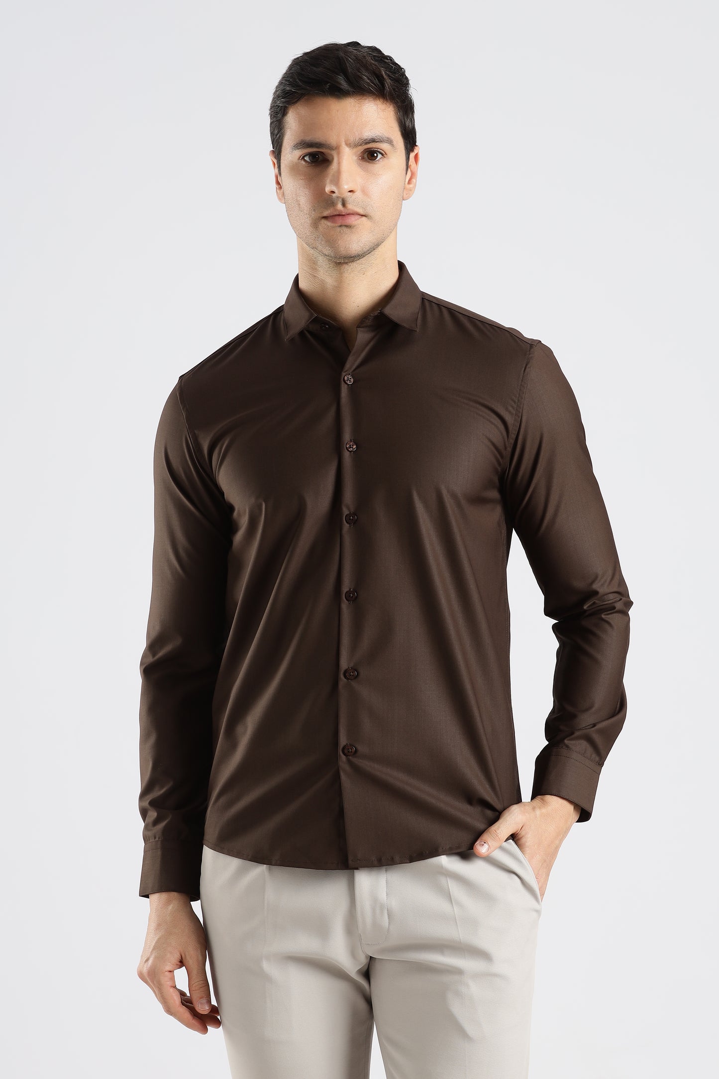 Plain Coffee Brown Melange Wrinkle Free Shirt