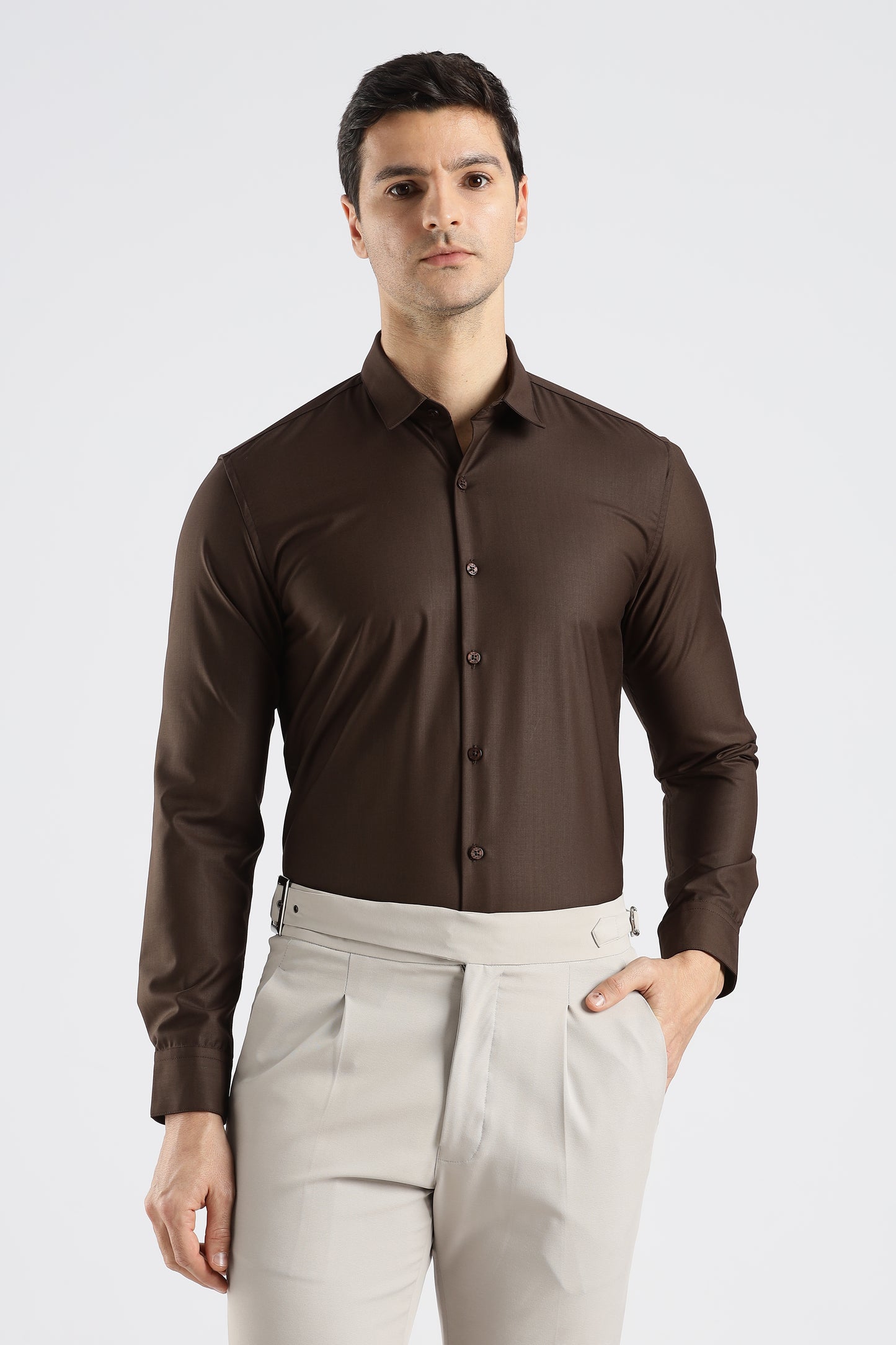 Plain Coffee Brown Melange Wrinkle Free Shirt